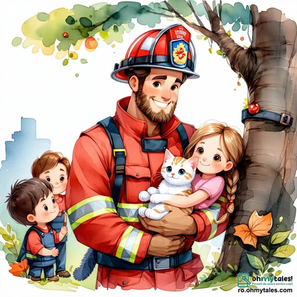 Un pompier curajos, un bărbat în jur de 30 de ani cu părul brun și o barbă bine întreținută, poartă un uniform roșu aprins și o pălărie mare. Are un zâmbet cald pe față, arătându-și determinarea și bunăvoința, în timp ce ține o pisicuță albă în brațe, confortând-o după ce a salvat-o dintr-un copac. Lângă el, o fetiță de aproximativ 8 ani, cu părul blond împletit și îmbrăcată într-o rochie roz, se uită cu uimire la pompier, strângând pisicuța la piept cu un mare zâmbet de recunoștință. Un grup de copii, cu vârste între 6 și 10 ani, stau puțin mai departe, având expresii de bucurie și admirație, agitând brațele pentru a-l saluta pe pompier. Scena se desfășoară într-un parc verde, plin de copaci majestuoși și flori colorate, sub un cer albastru strălucitor. În fundal, se vede o mică zonă de joacă unde alți copii se distrează, adăugând o atmosferă veselă ilustrației. Situația principală arată pompierul coborând de pe o scară, ținând pisicuța în brațe, în timp ce copiii aplaudă și strigă de bucurie, sărbătorind salvarea eroică.