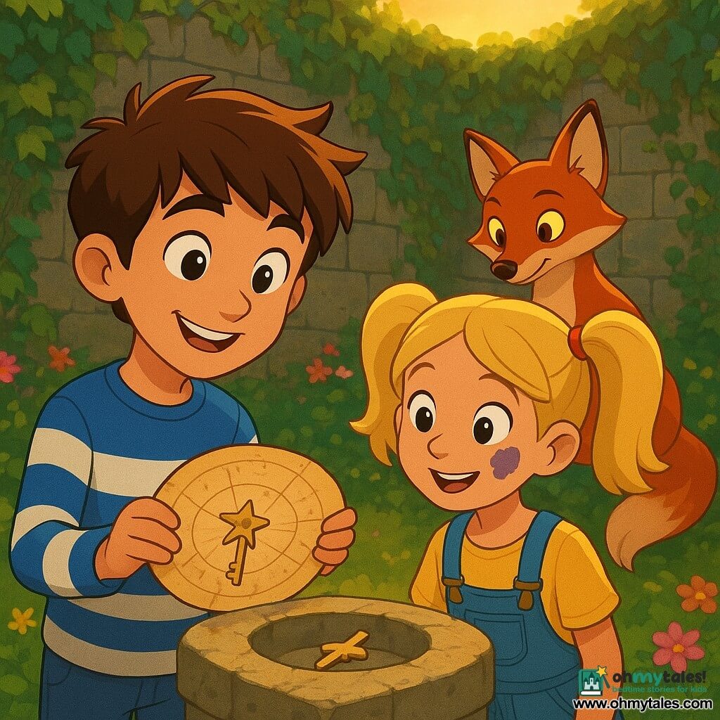 A 10-year-old boy, Finn, with tousled brown hair and eyes sparkling with curiosity, holds a circular map made of old paper. He has a look of wonder and wears a blue and white striped sweater. Next to him, a 10-year-old girl, Lila, with blonde hair tied in two pigtails and a purple paint smudge on her cheek, looks at the map with excitement. She wears denim overalls and a yellow t-shirt. They stand in a secret garden, surrounded by high walls of ivy and colorful flowers. In the center, there's an ancient stone with a small carved bowl, where a star-shaped key rests. A red fox, with shiny fur and mischievous eyes, sits on the stone, watching the children with curiosity. The garden is bathed in a soft golden evening light, creating a magical and mysterious atmosphere.