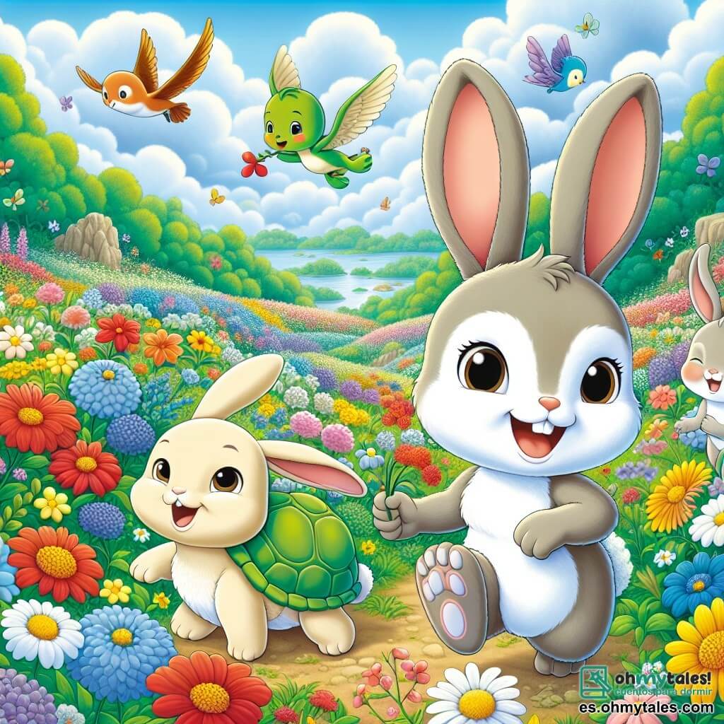 Roco, un pequeño conejo de grandes orejas y pelaje suave y marrón, está en el centro de la imagen, saltando alegremente en un campo de flores coloridas, con una gran sonrisa en su rostro y los ojos brillantes de emoción. A su derecha, Lila, una liebre de ojos vivos y pelaje crema, está recogiendo flores, su rostro radiante de felicidad. A la izquierda, Tito, una tortuga de caparazón verde y brillante, observa con una sonrisa benevolente, sentado sobre una piedra, disfrutando del suave sol primaveral. Pipo, un pequeño pájaro de plumas multicolores, vuela sobre ellos, cantando alegremente, con sus alas desplegadas con entusiasmo. El lugar es un magnífico campo en plena floración, salpicado de flores rojas, amarillas y azules, con un cielo azul claro y nubes blancas esponjosas. Al fondo, árboles frondosos se alzan majestuosos, y un arroyo brillante serpentea a través del paisaje. La situación principal muestra a Roco y sus amigos celebrando la belleza de la primavera, rodeados de naturaleza, listos para comenzar su gran búsqueda de tesoros, llenos de alegría y amistad.