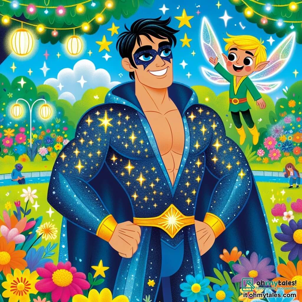 Brilloscuro è un uomo alto e muscoloso, con occhi brillanti come stelle e capelli neri come la notte. Indossa un mantello blu scintillante e una maschera dorata, mostrando un sorriso caloroso e determinato mentre si trova al centro di un giardino luminoso, circondato da fiori colorati. Accanto a lui, Lumino, un piccolo elfo con ali traslucide, vola gioiosamente. Lumino ha un volto sorridente, capelli dorati e una tunica verde, e sembra incoraggiare Brilloscuro con entusiasmo. Il giardino è magico, pieno di fiori dai colori vivaci, lanterne scintillanti appese ai rami degli alberi e un cielo blu chiaro punteggiato di nuvole bianche e soffici. La scena principale mostra Brilloscuro e Lumino che preparano una grande festa per i loro amici supereroi, con palloncini colorati e ghirlande luminose, mentre ridono e condividono idee per rendere l'evento indimenticabile.