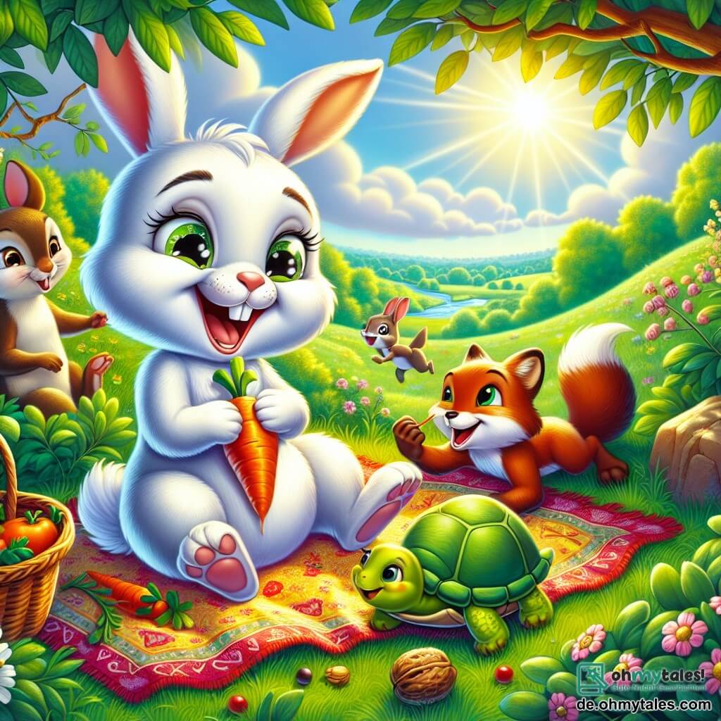 Max, der kleine Hase mit den großen Ohren und dem weißen Fell, lacht laut, während er auf einer bunten Decke inmitten einer sonnigen Wiese sitzt. Seine Augen strahlen vor Freude, während er eine Karotte in seinen Pfoten hält. Tilli, die Schildkröte mit dem schönen grünen Panzer und den schelmischen Augen, knabbert neben Max an einer Karotte und hat ein zufriedenes Lächeln im Gesicht. Sie ist leicht nach vorne geneigt, als wollte sie ihre köstliche Entdeckung teilen. Felix, der schlaue Fuchs mit dem strahlend roten Fell und dem buschigen Schwanz, versteckt sich in einem nahegelegenen Busch und lacht, während er versucht, aus einem Korb voller Beeren zu kommen. Sein Gesichtsausdruck ist amüsiert und ein wenig überrascht. Susi, das Eichhörnchen mit dem braunen Fell und den funkelnden Augen, sitzt auf einem Ast und ist bereit, eine Nuss auf Felix zu werfen, mit einem breiten Lächeln im Gesicht, voller Energie und Enthusiasmus. Der Ort ist eine grüne Wiese, übersät mit bunten Blumen und umgeben von majestätischen Bäumen, unter einem klaren, sonnigen Himmel, was eine fröhliche und lebendige Atmosphäre schafft. Die Hauptsituation zeigt Max und seine Freunde, die bei einem Picknick zusammen Spaß haben, lachen und spielen, während Felix versucht, aus dem Beerkorb zu kommen, was eine Szene voller Lachen und Kameradschaft schafft.