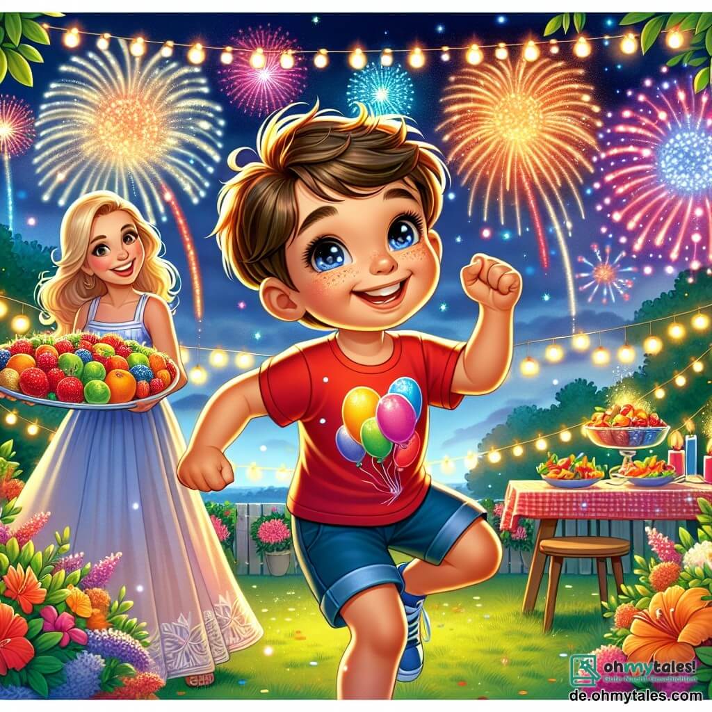 Ein 5-jähriger Junge, Max, mit zerzausten braunen Haaren und strahlenden Augen, tanzt in seinem Garten, umgeben von bunten Lichtern und leuchtenden Feuerwerken am Nachthimmel. Er trägt ein rotes T-Shirt mit einem Ballonmotiv und eine blaue Shorts, und sein strahlendes Lächeln zeigt seine Aufregung für die Silvesterfeier. Neben ihm steht seine Mutter, eine Frau in den Dreißigern mit langen blonden Haaren, die lächelt und ein großes Tablett mit bunten Früchten hält, bereit, einen köstlichen Obstsalat zu teilen. Sie trägt ein leichtes Sommerkleid und steht neben einem Tisch, der mit glitzernden Girlanden dekoriert ist. Der Garten ist voller leuchtender Blumen und hängender Laternen, die eine festliche und warme Atmosphäre schaffen. Der Himmel ist erleuchtet von strahlenden Sternen und bunten Feuerwerken, die in Lichtblitzen explodieren. Die Hauptsituation zeigt Max, der enthusiastisch unter den Feuerwerken tanzt, während seine Mutter ihn mit einem Lächeln anfeuert und eine Szene der Freude und Feierlichkeit zum Neujahr schafft.