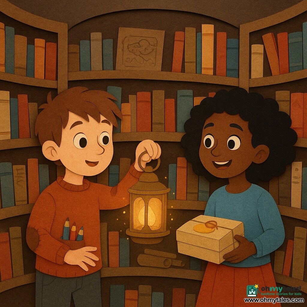 A young wizard, Milo, wearing a sweater with patched elbows and a pocket full of pencils, stands in a dim, round library surrounded by ancient books. He looks amazed and holds a brass lantern that glows softly, revealing small sparks around his fingers. Next to him is a 10-year-old girl, Marnie, with curly hair and a bright smile, watching curiously while holding a pack of lemon tarts. They are at the center of the library, surrounded by curved shelves filled with colorful books and ancient maps. The lantern's light casts dancing shadows on the walls, creating a magical and warm atmosphere.