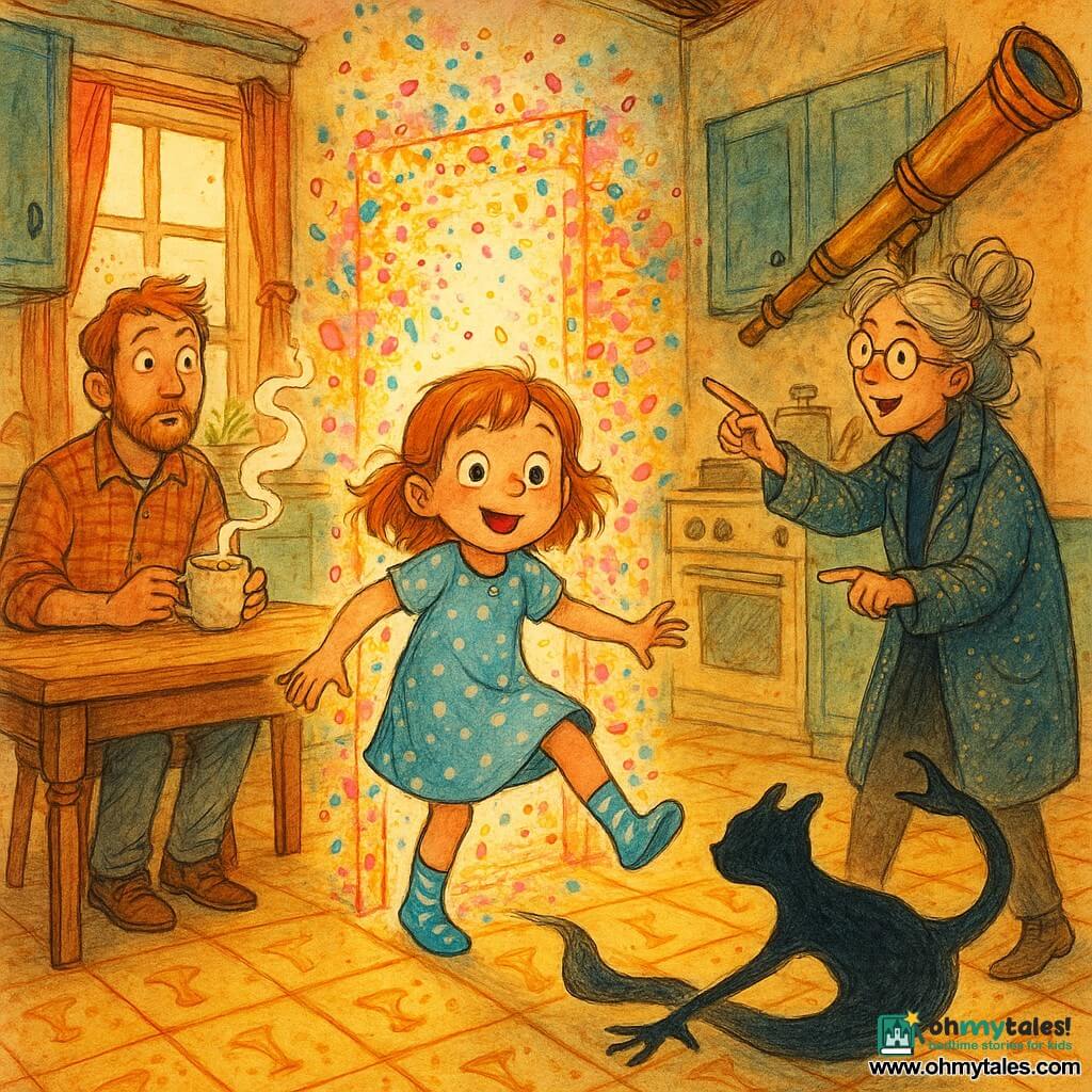 Mina, 6, round face with freckles, wide amazed eyes, joyful curious expression, wearing a light-blue polka-dot dress and striped socks, steps a foot through a thin door of light made of pink, yellow and blue confetti; her father, about 35, stubbled, in a plaid shirt with a surprised but gentle expression, holds a steaming marshmallow tea mug on the table behind her and looks at the door; Professor Popple, about 50, gray hair tied with ribbons, round sparkling glasses and a glitter coat, stands by a large wooden telescope and points encouragingly at the door; Skim, a genderless shadow-guide with an elongated fluid silhouette and a hand-like form stretched on the floor, slides at Mina’s feet like an ink cat; the colorful, slightly offbeat kitchen has a wooden table with cups, a steaming mug emitting small vapor rings, a bright window, a tiled floor with trumpet-shaped patterns and a thin luminous slit covered in shiny confetti; the main scene shows Mina at the confetti threshold with swirling confetti, steam forming ribbons, a whimsical absurd mood, vivid colors, fluid ink lines and bright watercolor washes.