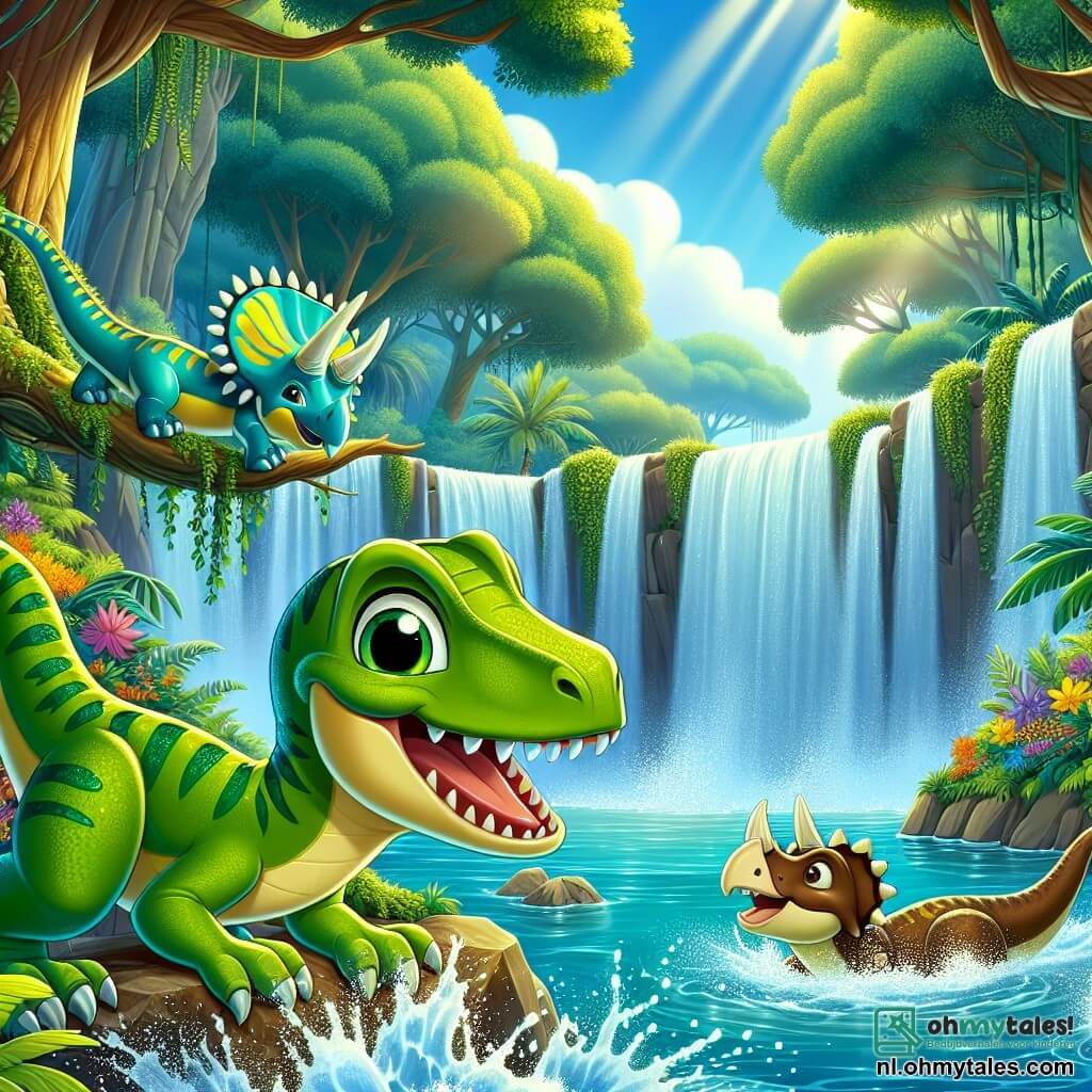 Een velociraptor genaamd Raptorino, met glanzende groene schubben en gele accenten, staat aan de rand van een prachtige waterval, zijn ogen sprankelend van opwinding en een brede glimlach op zijn gezicht. Naast hem spettert Trixie, een Triceratops met drie scherpe hoorns en een bruine huid, vrolijk in het water en lacht enthousiast. Op de achtergrond komt Zora, een Plesiosaurus met glinsterende blauwe huid, uit het water tevoorschijn, met uitgespreide vinnen, klaar om de anderen de onderwaterwonderen te tonen. De locatie is een weelderig oerwoud, met gigantische bomen met heldergroene bladeren, kleurrijke bloemen en zonnestralen die door het loof filteren en de scène verlichten. De hoofdactie toont Raptorino en zijn vrienden die plezier hebben bij de waterval, klaar om de geheimen van de onderwatergrot te verkennen.