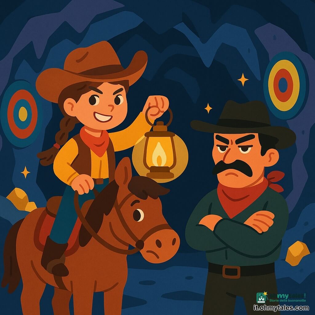Una giovane cowgirl, Sofia, di circa 12 anni, con lunghi capelli castani intrecciati e un cappello da cowboy, sta orgogliosamente in sella al suo cavallo marrone di nome Bruno. Ha uno sguardo determinato e un sorriso audace, pronta ad affrontare l'avventura che l'attende. Accanto a lei, un bandito dal volto segnato, di una quarantina d'anni, con un baffo nero e un bandana rosso, si trova in posizione di sfida, con le braccia incrociate e un'espressione provocatoria. Lo scenario è una caverna misteriosa, con pareti di pietra brillanti sotto la luce di una lanterna che Sofia tiene in mano. Scintillii d'oro brillano intorno a loro, illuminando l'oscurità della caverna. La situazione principale mostra Sofia che sfida il bandito a una corsa di tiro al bersaglio, con bersagli colorati appesi alle pareti. L'atmosfera è tesa ma emozionante, piena di promesse di avventura e coraggio.