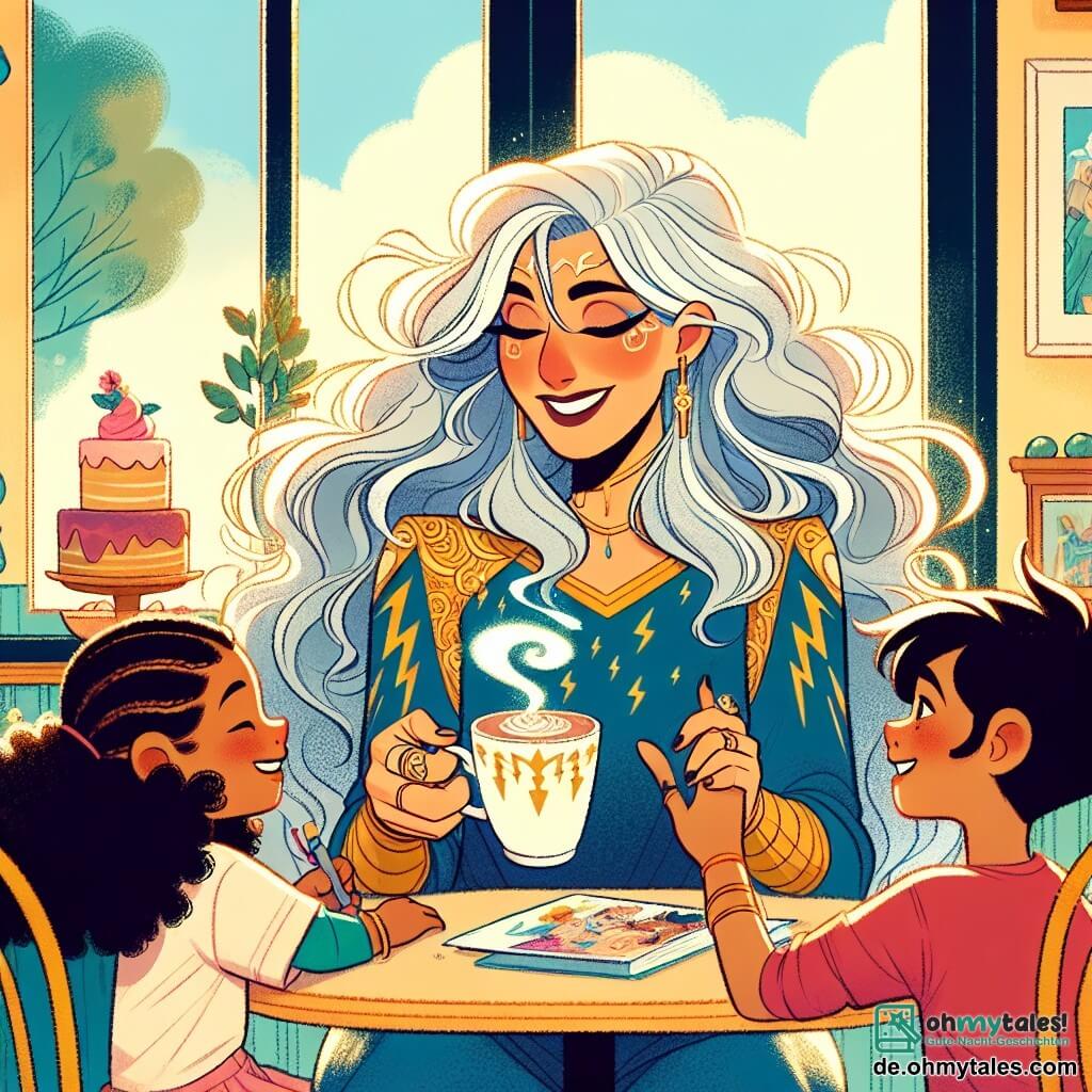 Luna Leuchtkraft, eine Frau mit langen schimmernden silbernen Haaren, trägt einen blauen und goldenen Anzug mit Blitzen auf den Schultern. Sie hat einen neugierigen und fröhlichen Blick, sitzt an einem Tisch im Café, hält eine Tasse heiße Schokolade und ist von kleinen Dampfwolken umgeben. Neben ihr sitzt ein 7-jähriger Junge mit zerzausten braunen Haaren und einem roten T-Shirt, der lächelt und ihr eine Zeichnung zeigt. Ein 6-jähriges Mädchen mit blonden Zöpfen und einem rosa Kleid sitzt auf einem Stuhl und malt in einem Bilderbuch, mit leuchtenden Augen vor Aufregung. Das Café ist gemütlich, mit pastellgelben Wänden, hellen Holztischen und großen Fenstern, die Sonnenlicht hereinlassen. Grüne Pflanzen dekorieren die Ecken, und bunte Kuchen sind auf der Theke ausgestellt. Die Hauptsituation zeigt Luna, glücklich und entspannt, während sie die Freude am Zusammensein mit den Kindern entdeckt und dabei Lächeln und Lachen bei einer Tasse heißer Schokolade teilt.