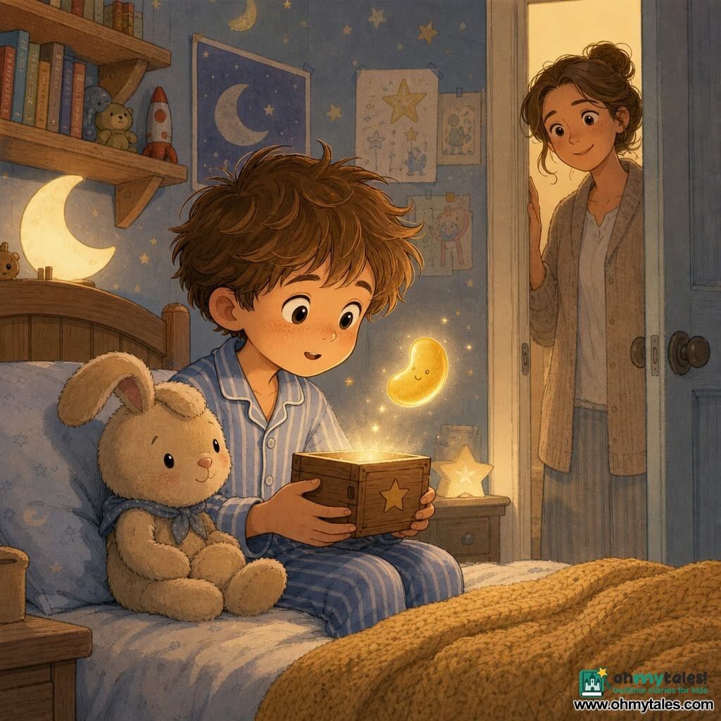 An 8-year-old boy with tousled brown hair and sparkling round eyes sits at the edge of his bed in blue-and-white striped pajamas, gently holding a small wooden box decorated with a star. The animated "laugh box" rests against his palm, emitting a soft golden light and releasing a tiny glowing bean-shaped laughter bubble that floats above the blanket. A beige rabbit plush (Mr. Wobble) with a flopped ear is propped by the pillow as if listening. The mother (30–40) stands kindly in the doorway, hair tied, smiling from the right-hand threshold. The warm, detailed bedroom has moon-shaped lamps, light wood shelves with colorful books and toys, a mustard knit blanket, hand-drawn star posters, and a nightlight casting soft shadows. Main scene: a calm, magical bedtime moment—boy collecting a laughter bubble in the box; warm pastel colors, soft contrasts, rounded linework, visible fabric textures, dim nocturnal lighting with a golden glow around the bubble; comic-style with a fine rounded outline.