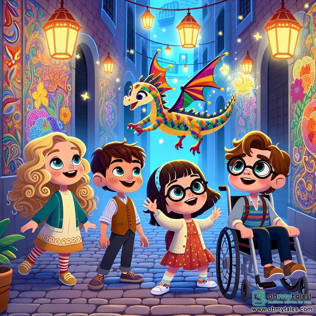 In a secret alley of the city, four children stand together, amazed. Emma, a five-year-old girl with curly golden hair, smiles with sparkling eyes, holding a small dragon with multicolored scales in her arms. Next to her, Jake, a five-year-old boy with brown hair and large round glasses, watches the dragon with fascination, his eyes wide open. Lily, a five-year-old girl with smooth black hair, joyfully laughs, her arms raised as if dancing with pixies flying around her. Max, a five-year-old boy in a wheelchair, has a big smile and gazes at the magical creatures in wonder, his hands resting on the wheels of his chair. The narrow and mysterious alley is adorned with walls painted with colorful murals that seem to come to life. Sparkling lanterns float in the air, and glowing flowers grow between the cobblestones, adding a touch of magic to the atmosphere. Above them, pixies dance, leaving behind golden sparks. The main scene shows the children discovering the dragon and the pixies, a moment of joy and wonder as they realize they have entered a hidden magical world, ready to become the guardians of this enchanting secret.