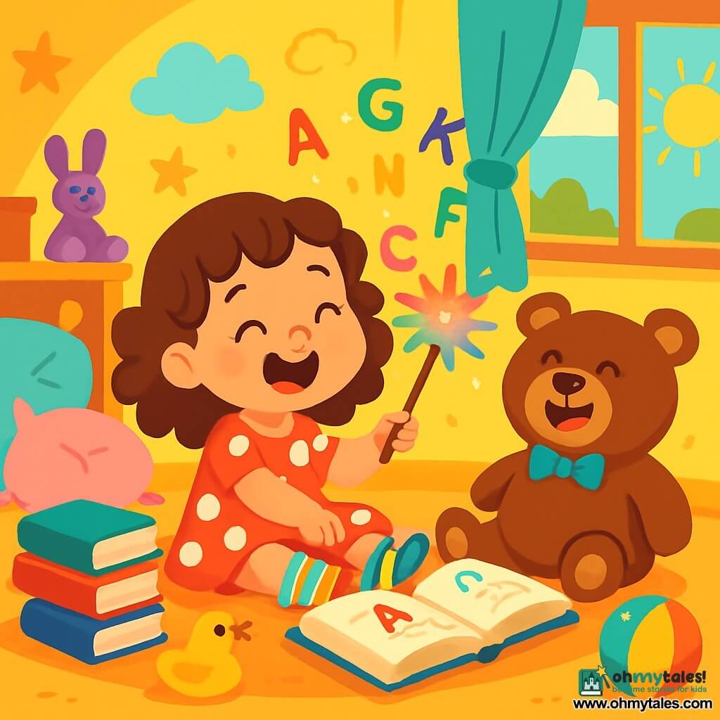 A 4-year-old girl with curly brown hair and a big joyful smile is sitting on the floor, surrounded by shiny-covered books. She wears a red polka dot dress and striped socks, holding a sparkling rainbow feather duster in her hands. Next to her, her teddy bear, Mr. Fluff, is a big brown bear with a blue bow tie, appearing to laugh with her. The room is colorful, filled with scattered toys, fluffy cushions, and bright yellow walls decorated with drawings of stars and clouds. In the background, a window lets in golden sunlight, creating a warm and cheerful atmosphere. Lily, amazed, uses the magic feather duster to make the words from an open book in front of her dance, while colorful letters float around them, creating a playful and whimsical ambiance.