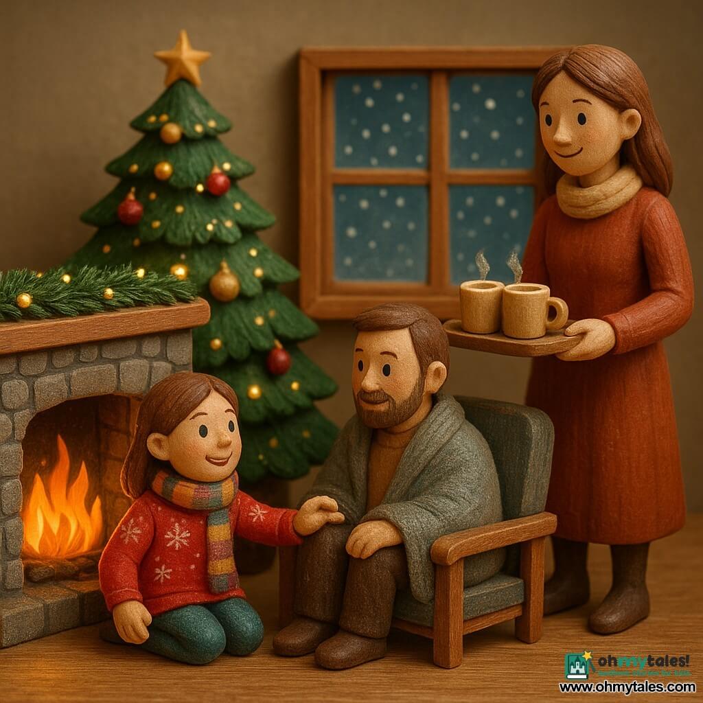 A 10-year-old girl, Lucy, sits in front of a fireplace, her eyes sparkling with pride. She wears a red sweater with snowflake patterns and a colorful wool scarf. She watches the dancing flames with a radiant smile. Her father, a man around 40, sits in a chair nearby, wrapped in a soft blanket, gazing at Lucy with warmth and admiration. Her mother, a woman around 38, stands by the table holding a tray of steaming hot chocolate cups, a benevolent smile lighting up her face. The room is decorated for Christmas, with a large tree sparkling with lights and colorful ornaments. The stone fireplace is adorned with pine branches and small lights, casting a golden glow in the room. The main scene shows Lucy lighting the fireplace for the first time, creating a warm and festive atmosphere, while snow gently falls outside, visible through a large window.