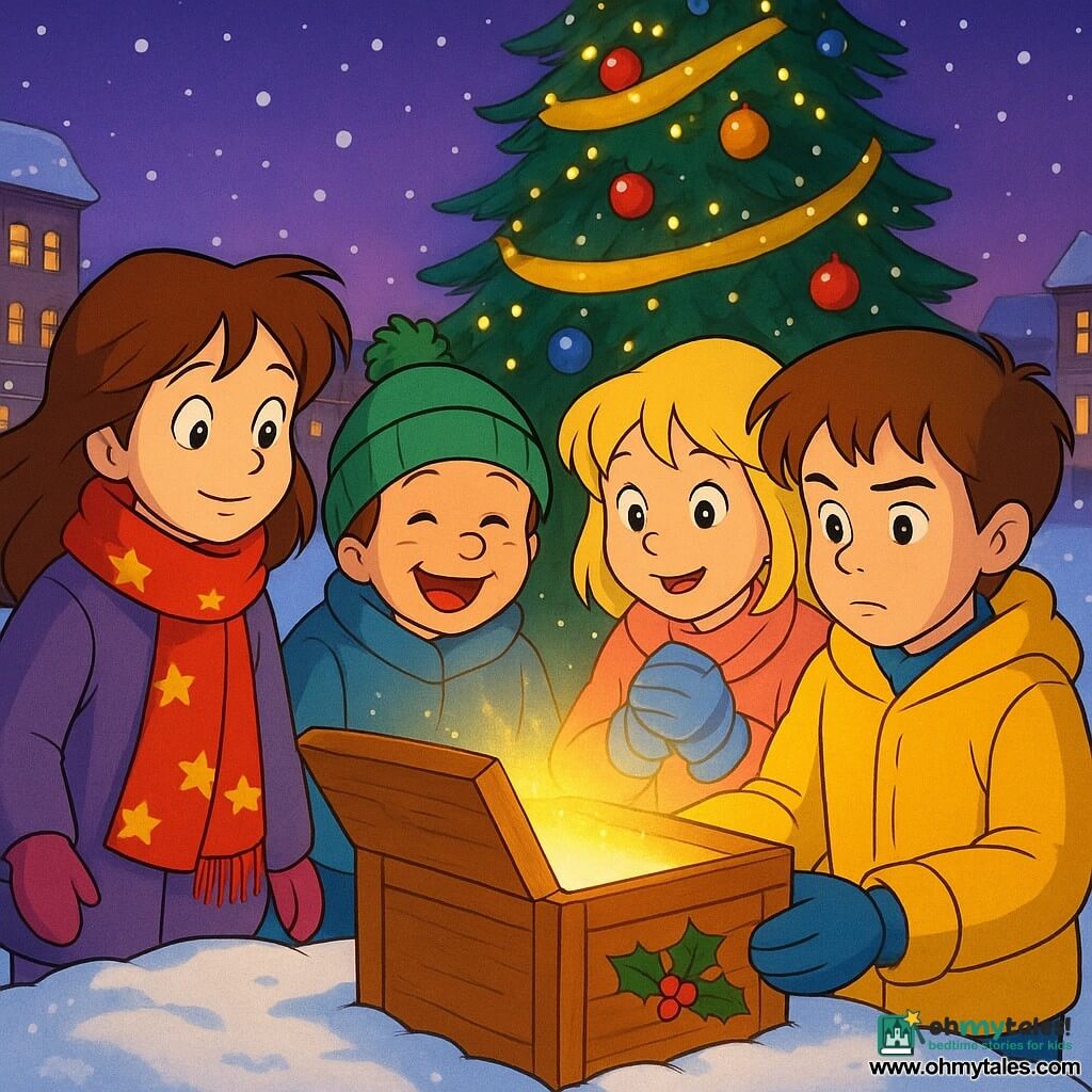 There are 4 children: Mia, an 8-year-old girl, wears a red scarf with stars and calmly looks at the singing box, her brown hair slightly flowing in the wind. Leo, a 7-year-old boy, has a green hat with a pompom and laughs joyfully, his cheeks red from the cold. Zara, a 7-year-old girl, wears striped blue mittens and watches the box with bright eyes, her blonde hair framing her face. Ben, an 8-year-old boy, has a yellow coat and a serious but curious expression, holding the box carefully. The children are gathered around a large wooden box decorated with a painted holly leaf, placed on the sparkling white snow. The scene takes place in the village square, where a large Christmas tree adorned with golden ribbons and shiny baubles stands proudly. Colored lights illuminate the scene, and snowflakes gently fall from the twilight's purple sky. The main situation shows the children delicately opening the singing box under the Christmas tree, their faces lit by a soft golden glow emanating from the box, creating a magical and warm atmosphere.