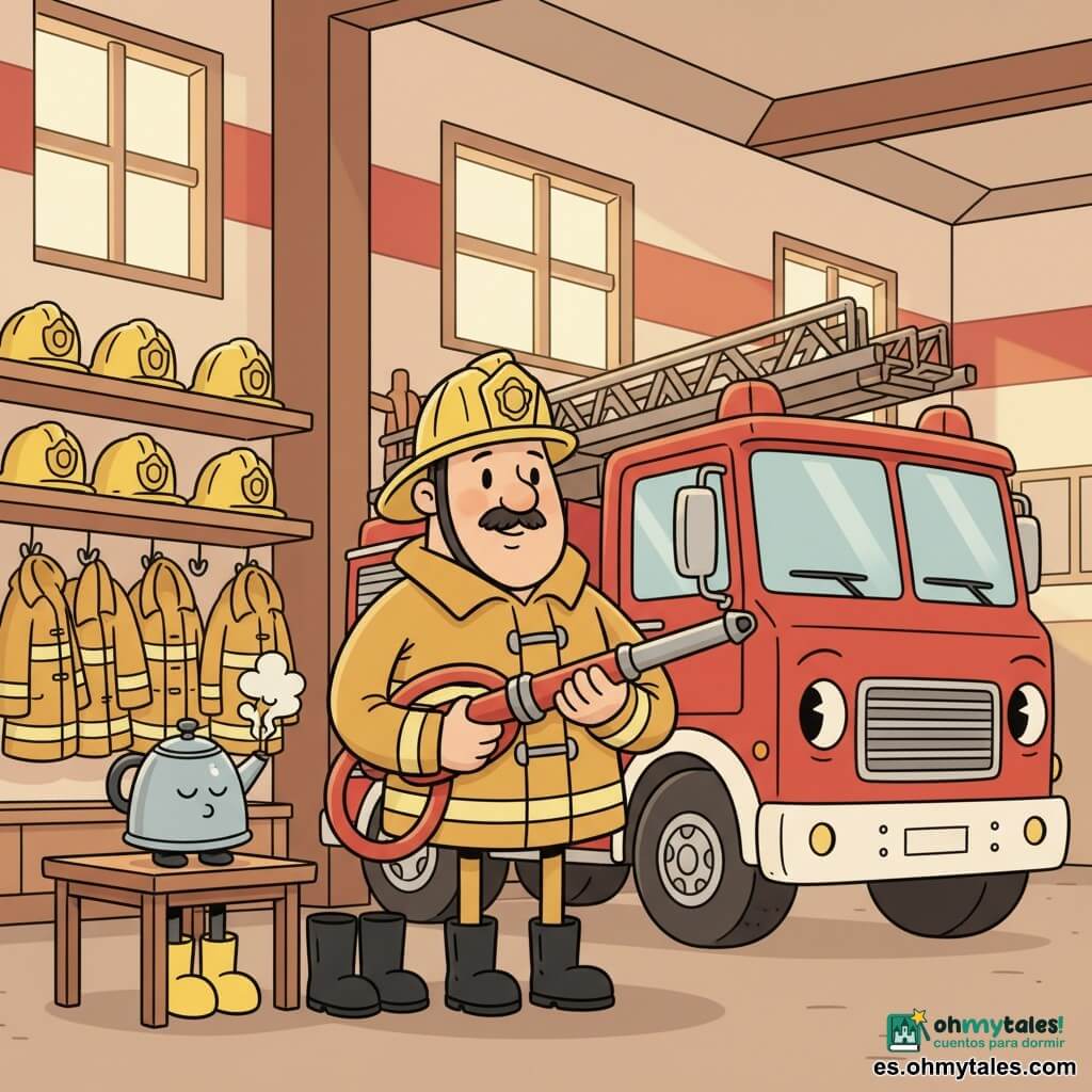 Un bombero llamado Tomás, alto y robusto, con bigote fino y casco amarillo sonriente y decidido, sostiene una manguera roja junto a un gran camión rojo de faros amigables y cromados, mientras una tetera plateada en la mesa despide vapor en nubecitas junto a las botas; la estación, limpia y luminosa con paredes rojo y blanco, ventanas que dejan entrar luz dorada y estantes con cascos y chaquetas reflectantes, muestra la calma tras la alarma: Tomás se prepara a salir, ambiente tranquilo y listo para actuar.