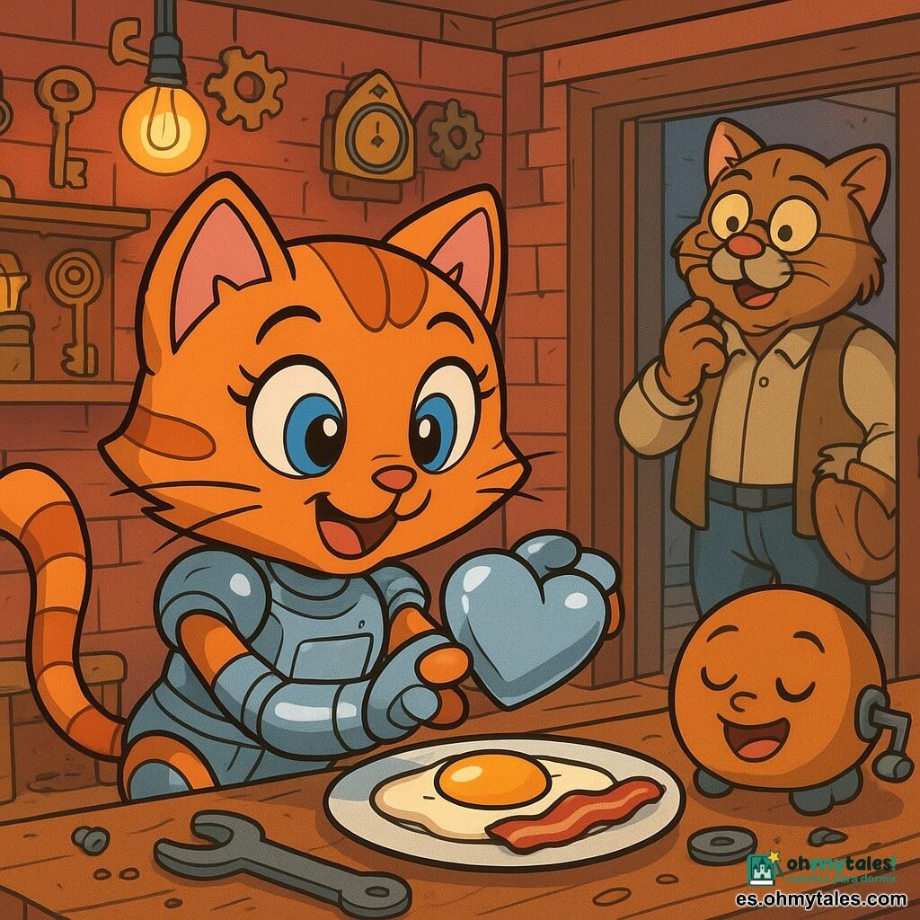 Lía, una joven gatita mecánica, aparece en primer plano, emocionada y concentrada, colocando delicadamente un pequeño corazón de acero pulido en un plato de desayuno; Don Brío, un gato padre mayor de estilo realista y caricaturesco, con gafas y bolsillos llenos de trapos, sonriente pero distraído, está en el marco de una puerta buscando un martillo cantador; una caja de música antropomórfica, pequeña y redonda, sonríe sobre el banco junto a Lía; el taller, cálido y desordenado con paredes de ladrillo, estantes con llaves, engranajes y relojes, lámparas que emiten luz ámbar y manchas de aceite en el suelo de madera; la escena muestra a Lía preparando un desayuno sorpresa y un regalo hecho a mano para el Día del Padre, con gestos cuidadosos y un tono tierno y levemente cómico, a punto la sorpresa.