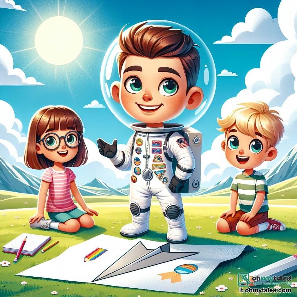 Un uomo astronauta, Luca, si trova al centro dell'immagine, vestito con una tuta spaziale bianca decorata con toppe colorate, con un grande sorriso sul volto e gli occhi brillanti di eccitazione. Sta raccontando una storia ai bambini intorno a lui. Sofia, una bambina di 8 anni con capelli castani e occhiali, è seduta ai suoi piedi, con gli occhi spalancati dalla fascinazione, mentre tiene una matita e un quaderno per disegnare. Marco, un ragazzo di 7 anni con i capelli biondi arruffati, è accanto a lei, saltellando d'impazienza e sorridendo, pronto a fare domande. Lo sfondo è un campo verde sotto un cielo blu brillante, punteggiato di nuvole bianche e soffici, con fiori colorati che sembrano danzare al vento. In lontananza si vedono dolci montagne e il sole splende calorosamente. La scena mostra Luca mentre condivide le sue avventure spaziali, circondato da bambini meravigliati, tutti sognando di viaggiare verso pianeti lontani, mentre un grande razzo di carta è posato ai loro piedi, pronto a portarli in un viaggio immaginario.