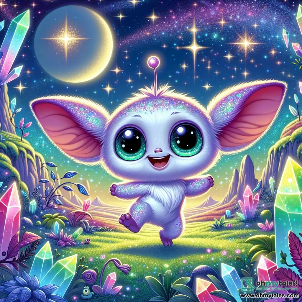 Zizzle, a small alien with lavender fur, large floppy ears, and sparkling emerald eyes, is joyfully dancing in a fairy-tale landscape surrounded by shimmering crystals reflecting bright colors. His antenna shines brightly, showing his happiness. Next to him, Glim, a small round being with shiny scales and friendly eyes, smiles enthusiastically, bouncing in place. The setting is a magical planet covered in sparkling crystals and vibrant plants swaying gently in a light breeze. The deep blue sky is dotted with twinkling stars, and a soft golden light bathes the landscape. The main scene shows Zizzle and Glim celebrating their friendship, sharing laughter and stories under a starry sky, illustrating the magic of their intergalactic encounter.