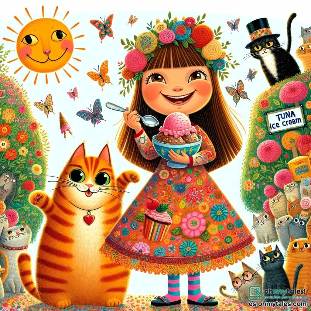 Una niña de 8 años, llamada Sofía, con largos cabellos castaños y ojos llenos de curiosidad, está en el centro de la escena, sonriendo y sosteniendo un plato de helado de atún. Lleva un vestido colorido con estampados de flores y calcetines rayados. A su lado, su gato naranja, Gato, con ojos brillantes y pelaje sedoso, está de pie sobre sus patas traseras, bailando alegremente con un poco de helado en la nariz. El fondo es un jardín soleado, lleno de flores coloridas y árboles verdes, con un gran árbol en el centro donde un cartel dice "Helado de Atún". Gatos de diferentes colores y tamaños bailan a su alrededor, algunos con sombreros divertidos, mientras un gato negro con un gran sombrero observa la escena con curiosidad. La situación principal muestra a Sofía y Gato organizando una fiesta de helado de atún, rodeados de sus amigos felinos que disfrutan bailando y degustando el delicioso postre, creando una atmósfera alegre y festiva.