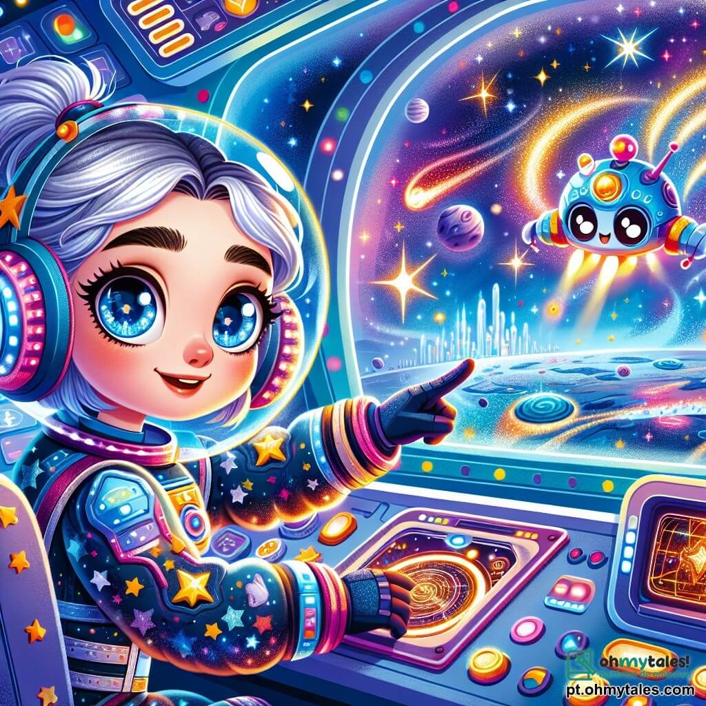 Uma jovem mulher, Lira, piloto de cabelos prateados, está sentada na cabine de sua nave espacial, a Nebulosa. Ela tem olhos brilhantes e determinados, e seu rosto expressa curiosidade misturada com excitação. Usa um traje espacial cintilante, adornado com estrelas e padrões galácticos, enquanto ajusta os controles de sua nave. Ao lado dela, um pequeno robô chamado Zippy, com uma carcaça azul e olhos redondos, flutua no ar, emitindo bip alegres. Zippy é um companheiro fiel, sempre pronto para ajudar Lira em suas aventuras. O cockpit da Nebulosa está cheio de luzes coloridas e telas exibindo mapas estelares. Do lado de fora, uma paisagem cósmica se estende à vista, com planetas de cores vivas e asteroides cintilantes flutuando no espaço. A cena principal mostra Lira examinando a tela de sua nave, descobrindo uma misteriosa nave cercada por poeira mágica, enquanto um sentimento de aventura emocionante a invade.