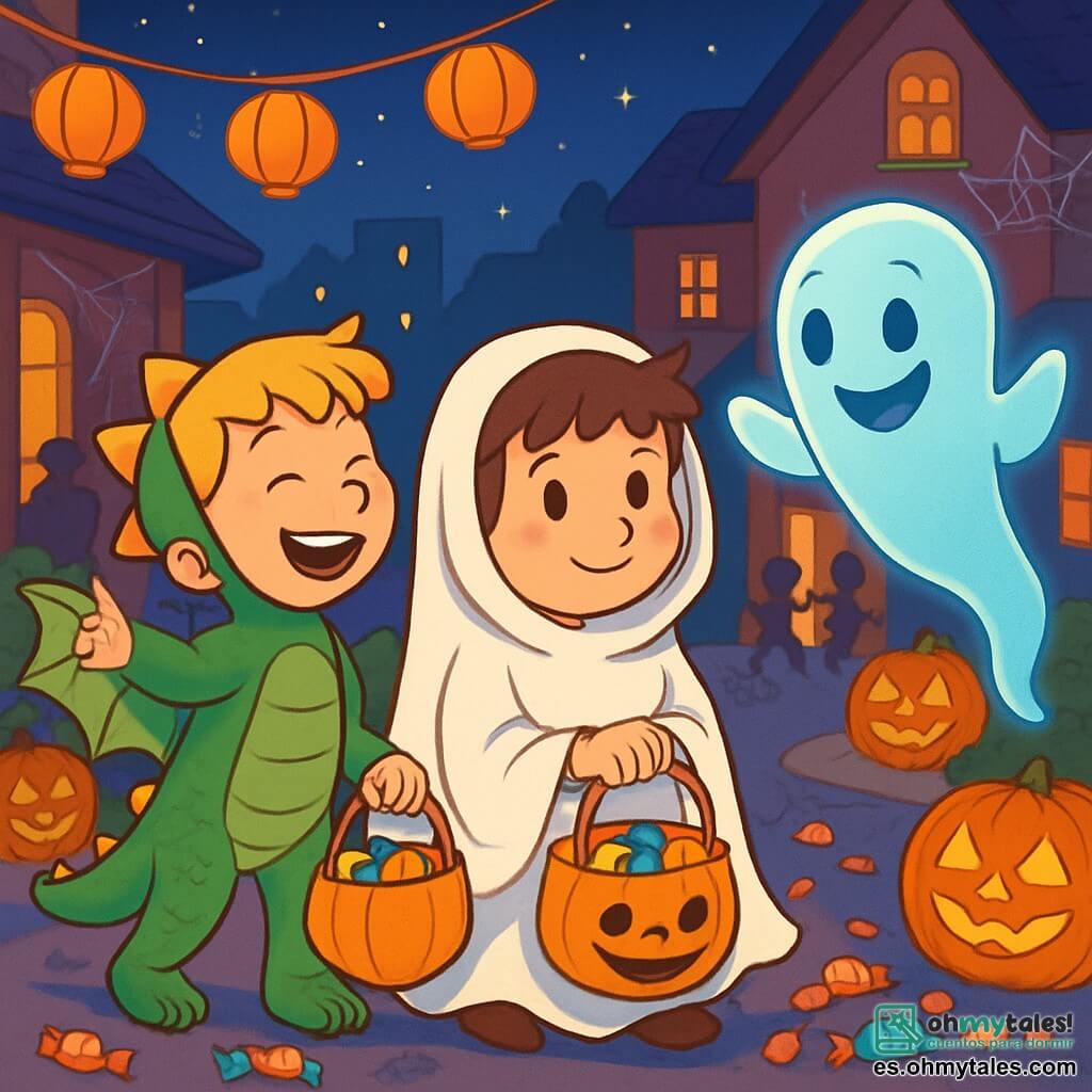 Hay 3 personajes: - Lucas: un niño de 9 años, con el cabello castaño desordenado y ojos llenos de curiosidad. Lleva un disfraz de pequeño fantasma blanco, con una sábana que flota a su alrededor. Está en el centro, con una sonrisa tímida en el rostro. - Tomás: un niño de 9 años, con cabello rubio y mucha energía. Está disfrazado de dragón verde brillante, con escamas relucientes y alas desplegadas. Se encuentra a la izquierda de Lucas, riendo y señalando hacia la casa. - Un fantasma amigable: una criatura translúcida, flotando a la derecha de Lucas, con una gran sonrisa y ojos redondos. Tiene un ligero brillo azul y brazos que se mueven suavemente, como si estuviera bailando en el aire. El lugar se desarrolla en una calle animada del pueblo de Villacaramelo, decorada con linternas naranjas y telarañas. Las casas están adornadas con calabazas esculpidas con caras sonrientes y luces centelleantes que crean un ambiente mágico. Niños disfrazados corren alegremente, llenando sus bolsas de dulces. La situación principal muestra a Lucas y Tomás, rodeados de caramelos coloridos, riendo con el fantasma amigable que los guía hacia una casa misteriosa. Las estrellas brillan en el cielo nocturno, añadiendo un toque de magia a esta noche de Halloween.