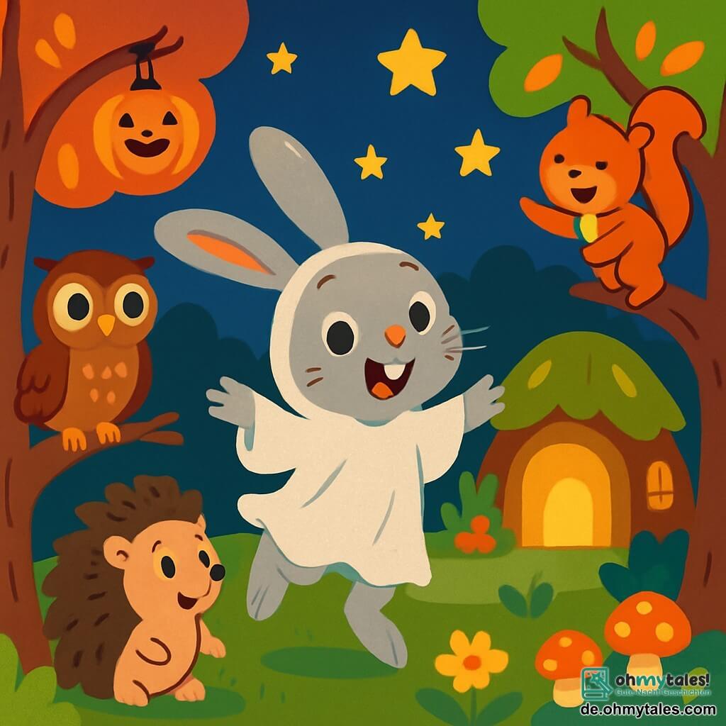 Ein kleiner grauer Hase namens Hoppel mit großen Ohren und funkelnden Augen trägt ein glitzerndes Gespensterkostüm. Er hüpft fröhlich unter einem sternenklaren Himmel mit einem breiten Lächeln im Gesicht. Neben ihm sitzt eine weise Eule mit braunen Federn auf einem Ast und beobachtet mit einem wohlwollenden Blick, ihre runden Augen glänzen vor Neugier. Ein kleiner Igel namens Igor steht neben Hoppel mit einem bewundernden Ausdruck, während ein schelmisches Eichhörnchen namens Susi mit einem buschigen Schwanz auf einen Baum klettert und fröhlich lacht. Die Szenerie ist ein verzauberter Wald, in dem die knorrigen Baumstämme mit goldenen und roten Blättern geschmückt sind, beleuchtet von Kürbislaternen, die in der Luft schweben. Im Mittelpunkt der Szene entdecken Hoppel und seine Freunde eine kleine geheimnisvolle Hütte, umgeben von leuchtenden Blumen und bunten Pilzen. Hoppel, voller Begeisterung, ist bereit, in die magische Hütte zu gehen, während seine Freunde ihn mit strahlenden Lächeln ermutigen.