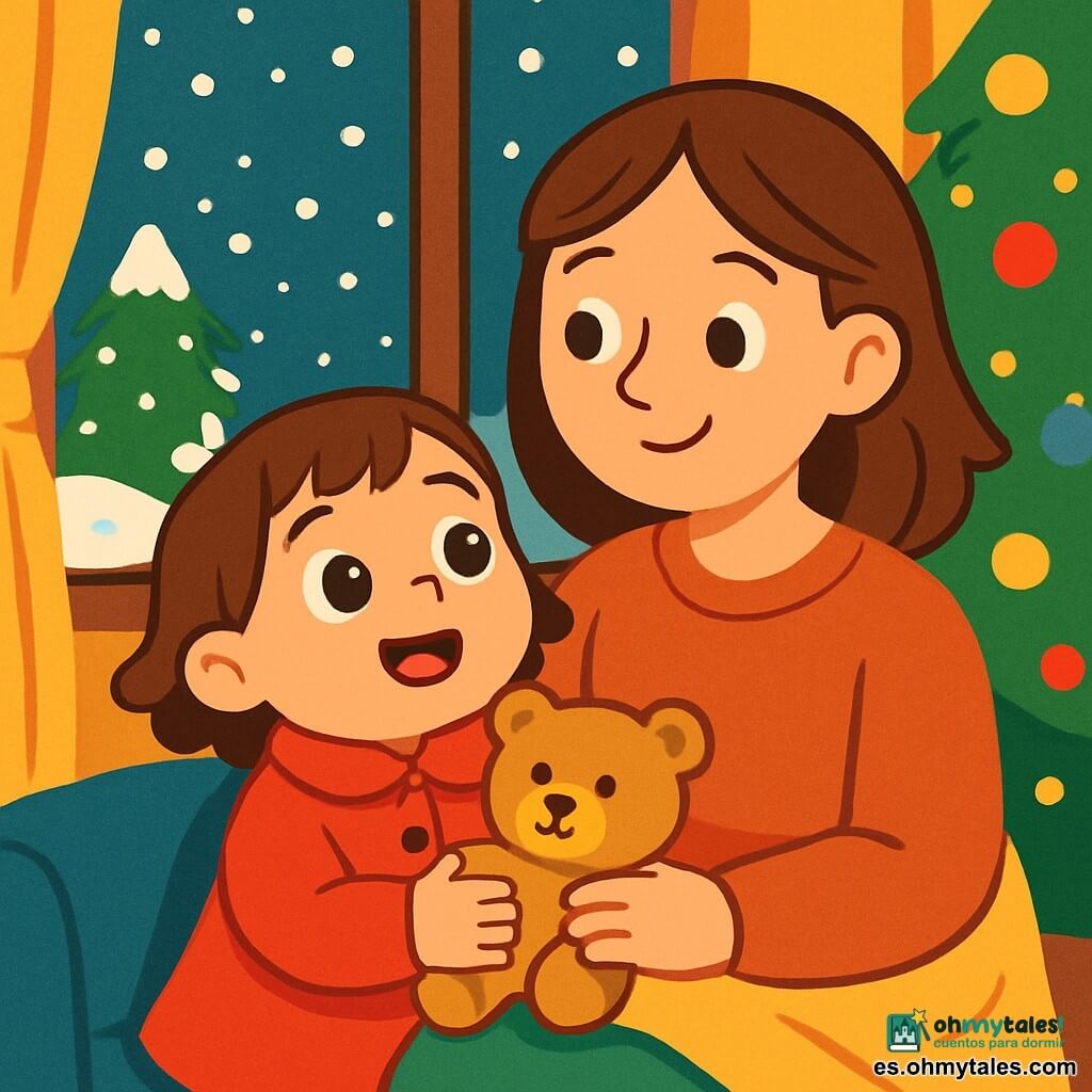 Una niña de 2 años, llamada Lucía, con grandes ojos brillantes y una sonrisa radiante, lleva un bonito abrigo rojo y sostiene un suave osito de peluche en sus brazos. Está maravillada, mirando los copos de nieve que caen suavemente del cielo. Su mamá, una mujer de unos 30 años con cabello castaño, lleva un suéter cómodo. Está sentada al lado de Lucía, envuelta en una suave manta, y sonríe tiernamente a su hija. La escena transcurre en el interior de una casa acogedora, con un gran árbol de Navidad iluminado con luces brillantes y decoraciones coloridas. A través de la ventana, se puede ver la nieve cubriendo el jardín, creando un paisaje de ensueño. Lucía y su mamá comparten un momento de felicidad, rodeadas de calidez y luz, mientras los copos de nieve bailan afuera.