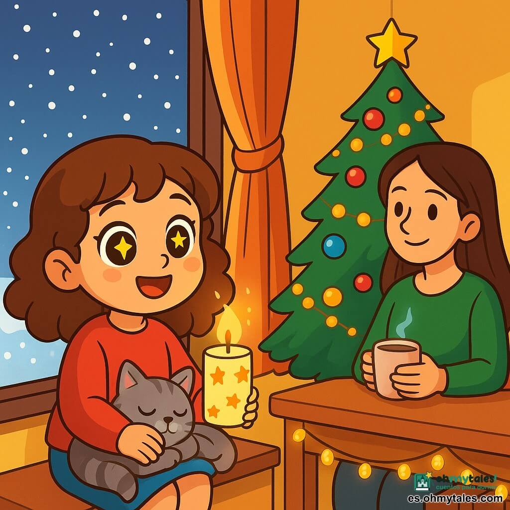 Una niña de 6 años, llamada Lucía, con grandes ojos brillantes como estrellas y cabello castaño rizado, está sentada en el alféizar de una ventana. Tiene una sonrisa maravillada y sostiene una pequeña vela de papel decorada con estrellas. A su lado, un gato gris de ojos verdes, con un pelaje suave y sedoso, ronronea pacíficamente en sus piernas, añadiendo calidez a la escena. En la habitación, la madre de Lucía, una mujer de unos treinta años con cabello largo y liso, está cerca de una mesa decorada con guirnaldas luminosas. Sonríe tiernamente a su hija, sosteniendo una taza de chocolate caliente humeante. El interior de la casa es cálido y acogedor, con paredes pintadas de un amarillo suave, un árbol de Navidad brillante en una esquina, adornado con bolas de colores y guirnaldas doradas. La nieve cae suavemente afuera, creando un paisaje de ensueño a través de la ventana, donde los copos bailan en el aire. La situación principal muestra a Lucía, maravillada por la luz de su vela, soñando con una nueva tradición navideña, mientras la calidez de su hogar y el amor de su madre la rodean, creando una atmósfera mágica y reconfortante.