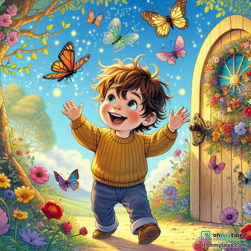 Un bambino di un anno, Leo, con capelli castani disordinati e grandi occhi curiosi, si trova davanti a una piccola porta magica in legno decorata con fiori colorati. Sorride meravigliato, con le braccia alzate come se fosse pronto a entrare in un mondo fantastico. Accanto a lui, farfalle multicolori, con ali brillanti e scintillanti, volano gioiosamente attorno a lui. Sono piccole e delicate, sembrano danzare nell'aria, aggiungendo un tocco di magia alla scena. Il luogo è un giardino incantevole, pieno di fiori vivaci e alberi con foglie dorate, sotto un cielo blu chiaro punteggiato di nuvole bianche e soffici. La luce del sole filtra tra i rami, creando ombre danzanti sul terreno. La scena principale mostra Leo, pronto ad aprire la porta magica, con le farfalle che lo incoraggiano a entrare nel meraviglioso mondo che lo aspetta dall'altra parte.