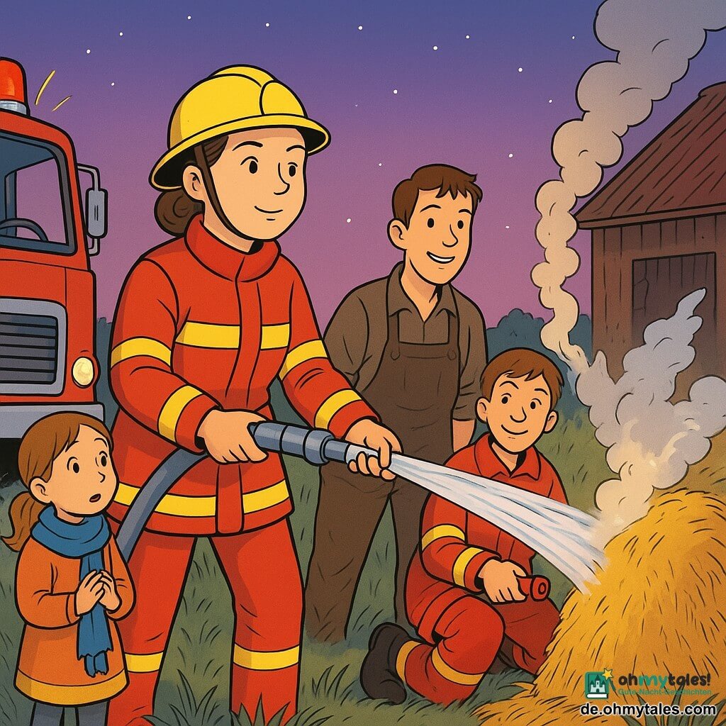 Die Hauptfigur ist die Feuerwehrfrau Lena, rundes Gesicht, braune Haare hochgesteckt, konzentrierter, beruhigender Blick, ruhiger, entschlossener Ausdruck; sie trägt eine glänzend rote Feuerwehrjacke mit Reflektorstreifen, Helm auf dem Kopf und hält einen Schlauch, aus dem ein klarer silbrig glänzender Wasserstrahl auf eine qualmende Strohballen zielt. Tim ist ein etwa 16-jähriger Junge mit kurzen Haaren, spielerischem, aber aufmerksamen Lächeln; er steht neben Lena, ein Knie leicht gebeugt, hält eine kleine Handlanze wie eine große Wasserpistole in Hilfeposition, die Einsatzkleidung etwas zu groß. Jule ist ein etwa 7-jähriges Mädchen, klein, mit zu langem Schal, weit aufgerissenen Augen voller Staunen; sie steht links vor der Gruppe in sicherer Entfernung, die Hände gefaltet, neben ihrer Mutter. Bauer Hannes ist ein etwa 50-jähriger Mann mit sonnengegerbtem, runzligem Gesicht, brauner Latzhose, die Hände im Rücken, zurückhaltend und erleichtert, bereit zu helfen. Schauplatz ist der Rand eines Feldes in der Abenddämmerung: eine kleine Holscheune, halb rauchend, goldene Strohballen, hohen Gräser, violetter Himmel mit den ersten Sternen, rote und chromglänzende Scheinwerfer des Feuerwehrwagens spiegeln Licht. Szene: ruhiger, geordneter Einsatz zur Löschung eines kleinen Strohfeuers — präziser Wasserstrahl, weiße Dampfwolken, die sich auflösen, gelassene Gesichter, koordinierte Gesten, Atmosphäre von Sicherheit und Zusammenarbeit; Stil: klare Farben, deutliche Konturen, stilisierte Holz- und Rauchtexturen, Komposition zentriert auf Lena und den Schlauch.