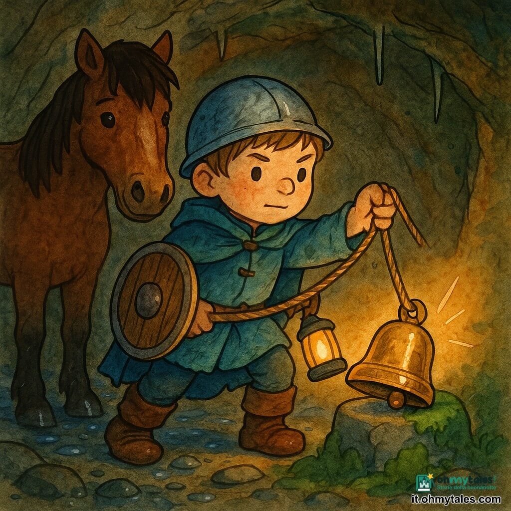 Un ragazzo cavaliere, Leo, volto dolce e concentrato, espressione determinata e benevola, indossa un mantello blu logoro, piccolo scudo tondo di legno e stivali di cuoio impastati di fango; tira una corda per liberare una campanella di bronzo incastrata in una base di pietra. Un cavallo bruno compatto, calmo e attento, è dietro a sinistra, narici frementi e zoccoli su sassi bagnati. La campanella bronzea, consumata e lucida a tratti, è parzialmente uscita da un piedistallo di pietra con frammenti di muschio verde. La scena è in una grotta bassa e accogliente con pareti di roccia grigia, gocce d'acqua, muschio e sottili stalattiti; una lanterna giallo-arancione nella mano del cavaliere illumina dolcemente. Primo piano sul cavaliere che tira la corda, muscoli tesi, corda che sfrega sulla pietra, campanella che si allenta con un bagliore sul bronzo; atmosfera sicura e rassicurante, contrasti scuri e tocchi acquerellati di blu, verde e giallo; composizione chiara, personaggi centrati, stile semplice e leggibile per i più piccoli.