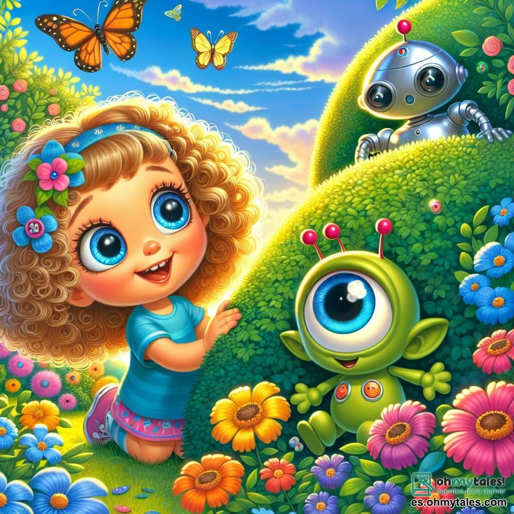 Una niña de 6 años, Lila, con grandes ojos brillantes y cabello rizado, sonríe con asombro al descubrir a un pequeño extraterrestre verde, suave y con tres ojos brillantes, escondido detrás de un gran arbusto azul. A su lado está Noti, un robot de metal plateado, con luces parpadeantes y una cara amigable, que hace ruidos divertidos. El jardín está lleno de flores coloridas, mariposas revoloteando y un cielo azul brillante, creando una atmósfera alegre y mágica. Lila se agacha, con las manos en las rodillas, mientras Zupi, el extraterrestre, sale tímidamente de su escondite, curioso y un poco asustado. La escena muestra el momento en que estos dos amigos improbables comienzan a conocerse, rodeados de la belleza del jardín soleado.