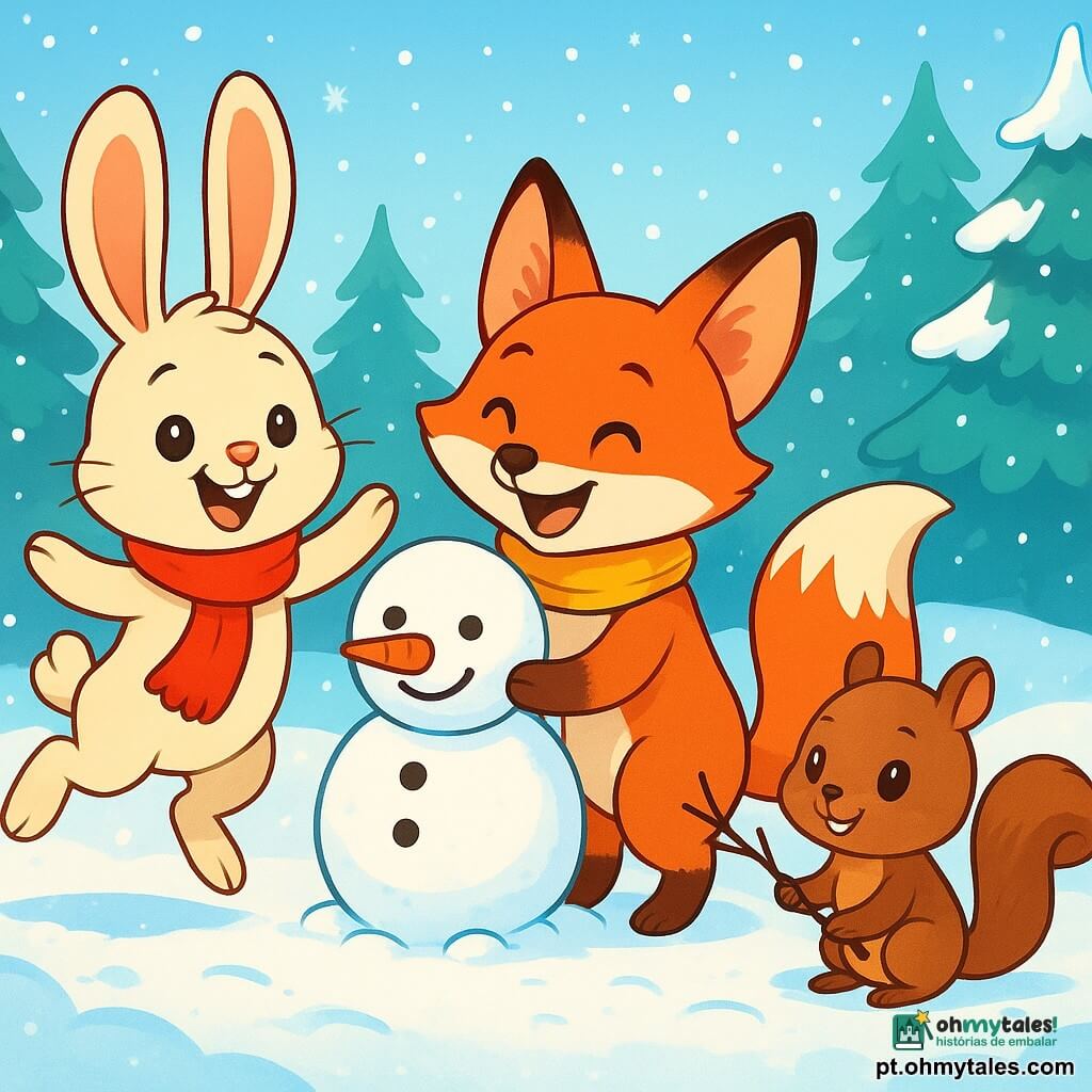 Um coelhinho travesso chamado Lino, com pelagem suave e sedosa de cor creme, usa um cachecol vermelho vibrante e exibe um grande sorriso alegre. Ele está pulando na neve cintilante, suas grandes orelhas se levantando com entusiasmo. Ao lado dele, uma raposa chamada Mica, com pelagem laranja brilhante e olhos cintilantes de curiosidade, constrói um boneco de neve, rindo de felicidade. Um esquilo chamado Téo, com pelagem marrom e uma cauda espessa, observa um pouco afastado, segurando um galho, com um ar tímido mas sorridente, pronto para se juntar aos amigos. A cena acontece em uma clareira encantada, cercada por altos pinheiros cobertos de neve, onde a luz do sol de inverno brilha através dos galhos, criando reflexos cintilantes no chão. Os flocos de neve caem suavemente, adicionando um toque mágico à atmosfera. Lino e seus amigos se divertem juntos, rindo e brincando na neve, criando memórias alegres sob o céu azul claro, cheias de calor e amizade.