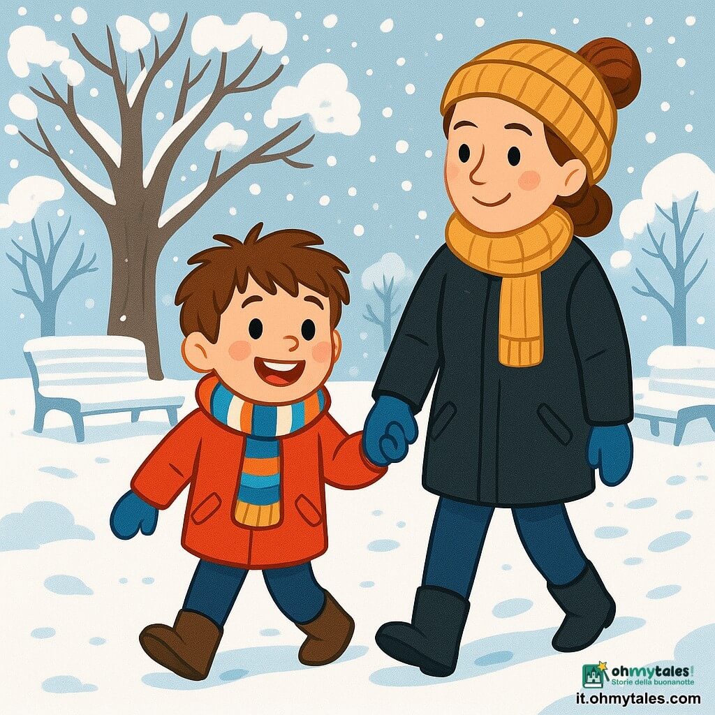 Un ragazzo di 6 anni, con capelli castani arruffati e guance rosate, indossa un grande cappotto rosso, una sciarpa a righe e guanti blu. Ha un sorriso splendente e occhi brillanti di gioia mentre cammina nella neve. Accanto a lui, sua madre, una donna di circa trent'anni con capelli castani raccolti in uno chignon, indossa un cappotto nero e un berretto di lana. Sorride teneramente e tiene per mano il figlio, incoraggiandolo a esplorare il parco. Il luogo è un parco invernale, con alberi maestosi coperti di neve scintillante, panchine bianche e fiocchi di neve che cadono dolcemente da un cielo grigio chiaro. La scena principale mostra il ragazzo e sua madre che camminano insieme, lasciando impronte nella neve fresca, mentre scoprono la bellezza pacifica dell'inverno, circondati da paesaggi incantevoli e un'atmosfera gioiosa.