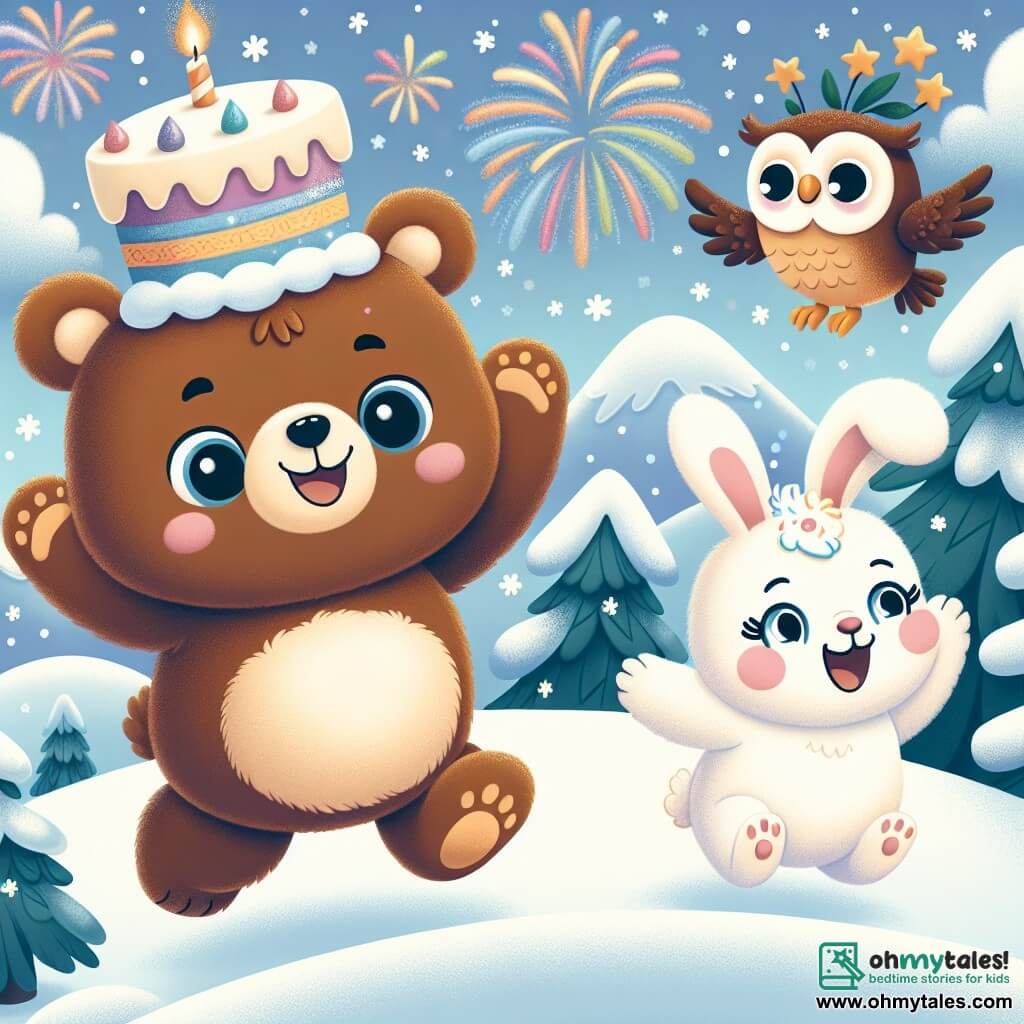 A fluffy brown bear named Benny, with a big smile and sparkling eyes, is joyfully jumping at the top of a snowy hill, wearing a colorful cake-shaped hat. Next to him, a small white bunny named Tilly, with big ears and a carrot-shaped hat, is laughing and raising her paws in excitement. A wise owl named Sammy, with brown feathers and round glasses, is perched on a nearby tree branch, hooting happily and watching his friends with an amused expression. The landscape is enchanting, with snowflakes gently falling, twinkling stars in the night sky, and colorful fireworks bursting in the background. The scene exudes a festive and joyful atmosphere, capturing the spirit of New Year's celebration.