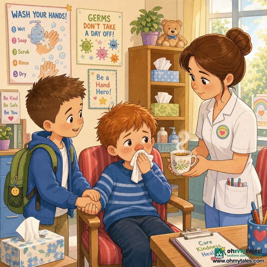 An 8-year-old boy with a shiny red nose, round freckled face and a slightly tired but reassured expression wears a blue striped sweater and holds a white handkerchief to his nose; his 8-year-old friend with short brown hair and an encouraging smile holds his hand and carries a green backpack to the right; a female nurse in her 30s with a brown bun and white blouse with a colorful badge offers a cup of hot herbal tea while standing near a chair in a small, bright infirmary with cream walls, hand-washing posters, tissue boxes on a shelf and a window letting in soft afternoon light; the soothed boy receives friendly care as his friend supports him in a warm, tender scene with pastel colors, gentle lines and clear expressions.