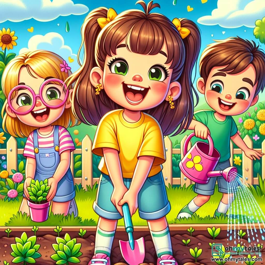 A 10-year-old girl, Olivia, with long brown hair in two ponytails, smiles joyfully, her cheeks flushed with excitement. She wears a bright yellow t-shirt and denim shorts, her hands dirty as she plants seeds in the garden. Next to her, Mia, another 10-year-old girl with blonde hair and pink glasses, laughs while holding a small shovel, ready to help. A boy named Ethan, also 10, with brown hair and sparkling eyes, waters the plants with a colorful watering can, focused on his task. The garden is a green space filled with rows of young plants, vibrant flowers, and a large blue sky dotted with white clouds. In this scene, the children enthusiastically work together, discovering the magic of nature and the joy of cultivating a garden.