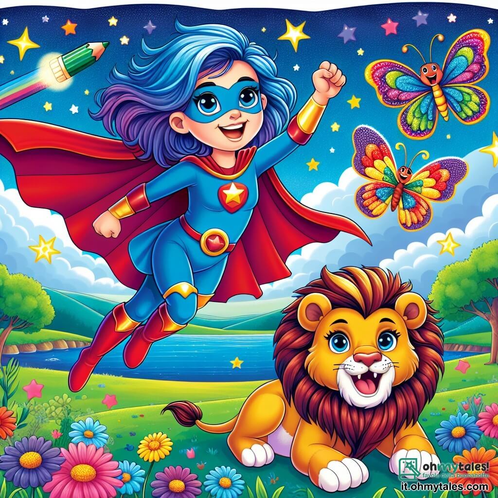 Una supereroina di nome Stella, una donna con capelli blu brillanti e un grande sorriso, vola nel cielo, il suo mantello rosso che fluttua dietro di lei, piena di determinazione e gioia. Al suo fianco, un leone coraggioso, con una criniera dorata e occhi brillanti, ruggisce con entusiasmo, mentre una piccola farfalla colorata, con ali multicolori, svolazza intorno a loro, portando un tocco di magia. Lo scenario è un paesaggio incantevole, con un cielo blu profondo punteggiato di stelle scintillanti, campi verdi e fiori dai colori vivaci che sembrano riprendere vita. La situazione principale mostra Stella, il leone e la farfalla mentre colorano il mondo, riempiendo l'aria di gioia ed energia, mentre usano i loro poteri per ridare vita ai colori scomparsi.