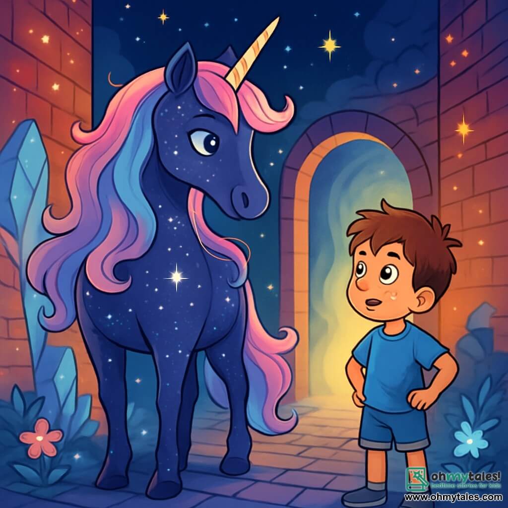 A magnificent unicorn, with a shimmering coat like a starry sky, stands majestically at the center of the scene. Its flowing mane, in pastel shades of pink, blue, and purple, sparkles under the soft light, while its silver eyes express wisdom and kindness. It looks on with joyful curiosity, ready to guide.

Next to it, a ten-year-old boy with tousled brown hair and sparkling eyes of wonder observes the unicorn with fascination. He wears a blue t-shirt and denim shorts, standing slightly back with his hands on his hips, as if trying to understand what is happening.

The setting is a magical alley, where brick walls transform into sparkling crystals. Twinkling lights float in the air, and luminescent flowers grow between the cracks of the cobblestones. The sky is a deep blue, dotted with bright stars.

The main scene shows the unicorn and the boy preparing to enter a mysterious passage surrounded by shimmering mist that seems to call them. They are about to discover an ancient secret that could change their world forever.