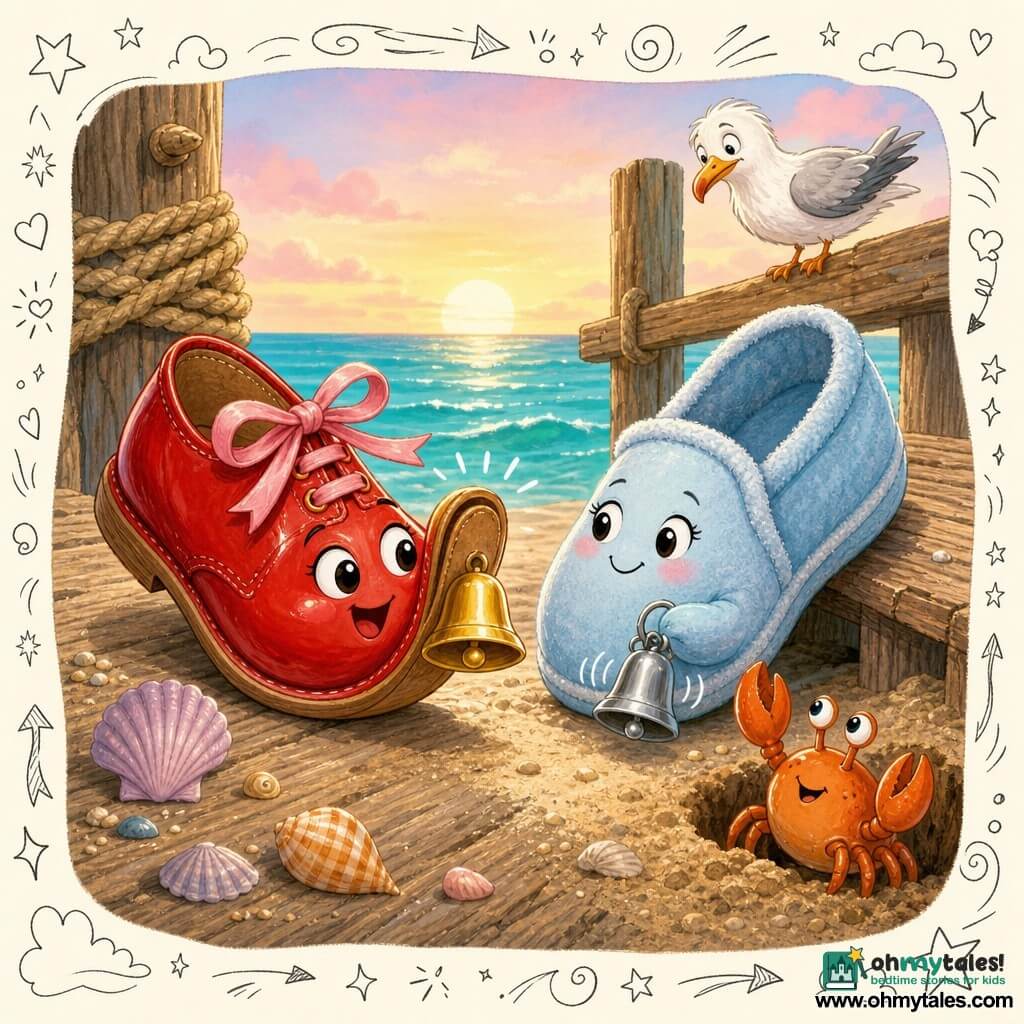 Snappy, a small shiny red shoe with pink ribbon laces and expressive eyes drawn on the toe, leans forward like a curious detective holding a bright bell between her "soles," proudly showing the bell she found in the sand to Sooty, a soft sky-blue slipper who sits blushing on the pier edge holding a small tinkling silver bell; a bright orange crab snaps its claws from a hole beneath the dock while a white seagull with ruffled wings watches from the wooden railing; warm, worn wooden pier by turquoise sea at sunrise, textured planks, scattered shells, coiled ropes, sparkling waves; tight composition, bright saturated colors, soft lines with slightly sketched outlines, joyful adventurous mood.