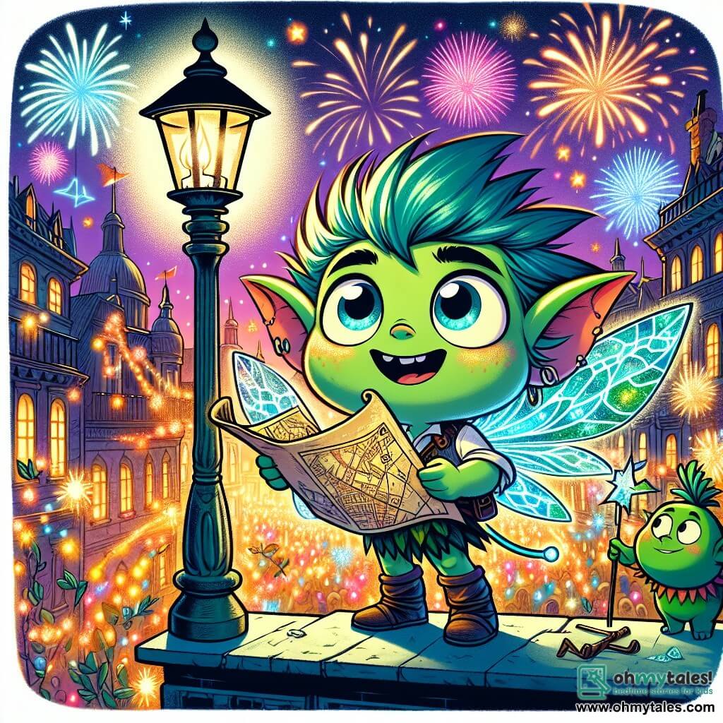 Twinkle, a small sprite with sparkling emerald wings and bright blue hair, stands on a lamppost, eyes shining with excitement and a wide smile on his face. He holds an ancient map in his tiny hands, gazing in wonder at the city lights. Next to him, Zibble, a chubby goblin with green skin and mischievous sparkling eyes, brandishes a sparkling wand, his face lit up with the joy of adventure. He stands slightly behind, ready to follow Twinkle on his quest. The scene takes place in the beautiful city of Lumino, where fireworks burst in the night sky, illuminating the buildings adorned with twinkling garlands. The streets are lively, filled with festive creatures and colorful lanterns floating in the air. Twinkle and Zibble are preparing to embark on a treasure hunt, their hearts racing with excitement as the festive atmosphere envelops them in palpable magic.