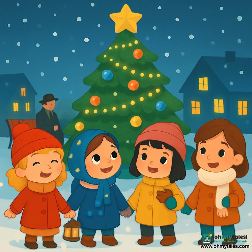 There are 4 children: Lily, a 5-year-old girl with curly blonde hair and a red pom-pom hat, smiles joyfully while holding her friends' hands; Mira, also 5, with brown hair and a starry blue scarf, gazes at the sky in wonder, holding a small star-shaped lantern; Jojo, a 5-year-old with black hair and a pink beanie, holds a heart-shaped cookie ready to share; and Noor, a 5-year-old with chestnut hair and a soft white scarf, smiles kindly while holding an extra scarf. The children are gathered around a large Christmas tree adorned with sparkling garlands and colorful ornaments. Snow gently falls, covering the ground with a soft white blanket. In the background, warmly lit houses shine like stars. The main scene shows the four girls holding hands, ready to smile at a stranger sitting on a bench, a man in a hat watching them curiously. The air is filled with Christmas magic, and snowflakes dance around them, creating a warm and joyful atmosphere.