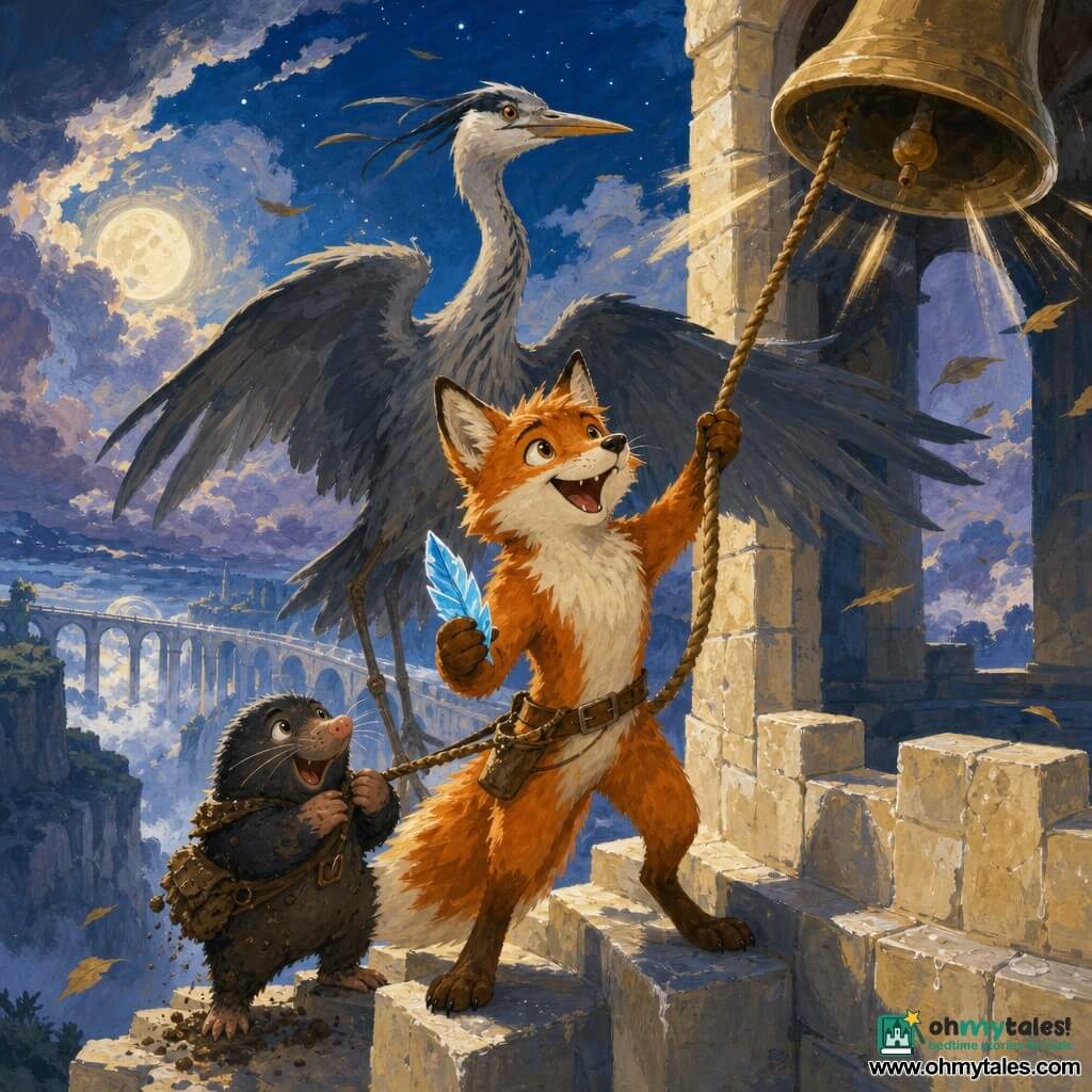 Main character: a young red fox (Lumen) with bright orange fur and white chest, curious determined eyes, joyful relieved expression, pulling a bell rope with his front paws and holding a small blue feather-shaped crystal near him in his other paw; secondary 1: a tall gray heron (Sable) with smooth plumage and calm proud gaze, wings partly spread behind the fox as if supporting him, perched on the tower edge to his right; secondary 2: a stocky little mole (Grub) with dark fur streaked with dirt, mischievous but breathless eyes, clinging to the fox’s belt by a rope and standing on the tower steps to his left; location: summit of a pale stone tower clinging to a cliff above a deep chasm, night sky clearing after a storm with torn clouds, a mist-and-light skybridge visible behind the tower, moonlight and rain-sparkles on the stones; main situation: a dramatic triumphant moment as the fox rings the bell—vibrations shown as streaks of light, wind tousling feathers and fur, atmosphere of calm and shared victory.