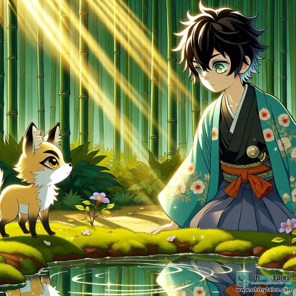 A young man named Hiroshi, around 18 years old, stands by a sparkling pond, his face lit up with determination and curiosity. He has slightly tousled black hair and wears a traditional blue kimono with cherry blossom patterns. His eyes shine with wonder as he observes his reflection in the water. Beside him, a kitsune, a fox spirit with golden fur and mischievous eyes, stands gracefully, seemingly encouraging him with her perked ears and enigmatic smile. In the background, a bamboo forest rises majestically, its green stalks reaching for the sky, creating a play of shadows and light. Sun rays filter through the leaves, illuminating the mossy ground and colorful small flowers. The scene depicts Hiroshi facing his reflection in the pond, a moment of inner discovery as he prepares to confront the challenges of the enchanted forest in search of the Tengu's feather.