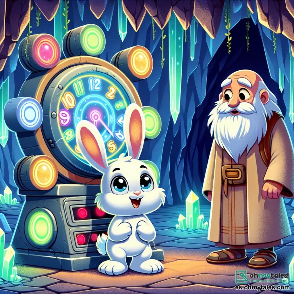 Un pequeño conejo llamado Toby, con pelaje blanco y grandes orejas, está en el centro de la imagen, con los ojos muy abiertos de asombro, mientras se encuentra frente a una máquina del tiempo, brillante y colorida, con botones luminosos. A su lado, un viejo sabio con larga barba blanca y túnica beige, sonriendo con benevolencia, observa a Toby con orgullo, manteniéndose ligeramente en segundo plano, como si lo cuidara. La escena se desarrolla en una cueva misteriosa, donde cristales brillantes iluminan las paredes y lianas verdes cuelgan del techo, creando una atmósfera mágica e intrigante. Toby, con una mezcla de emoción y curiosidad, duda en presionar un botón rojo brillante de la máquina, listo para entrar en un mundo de aventuras.