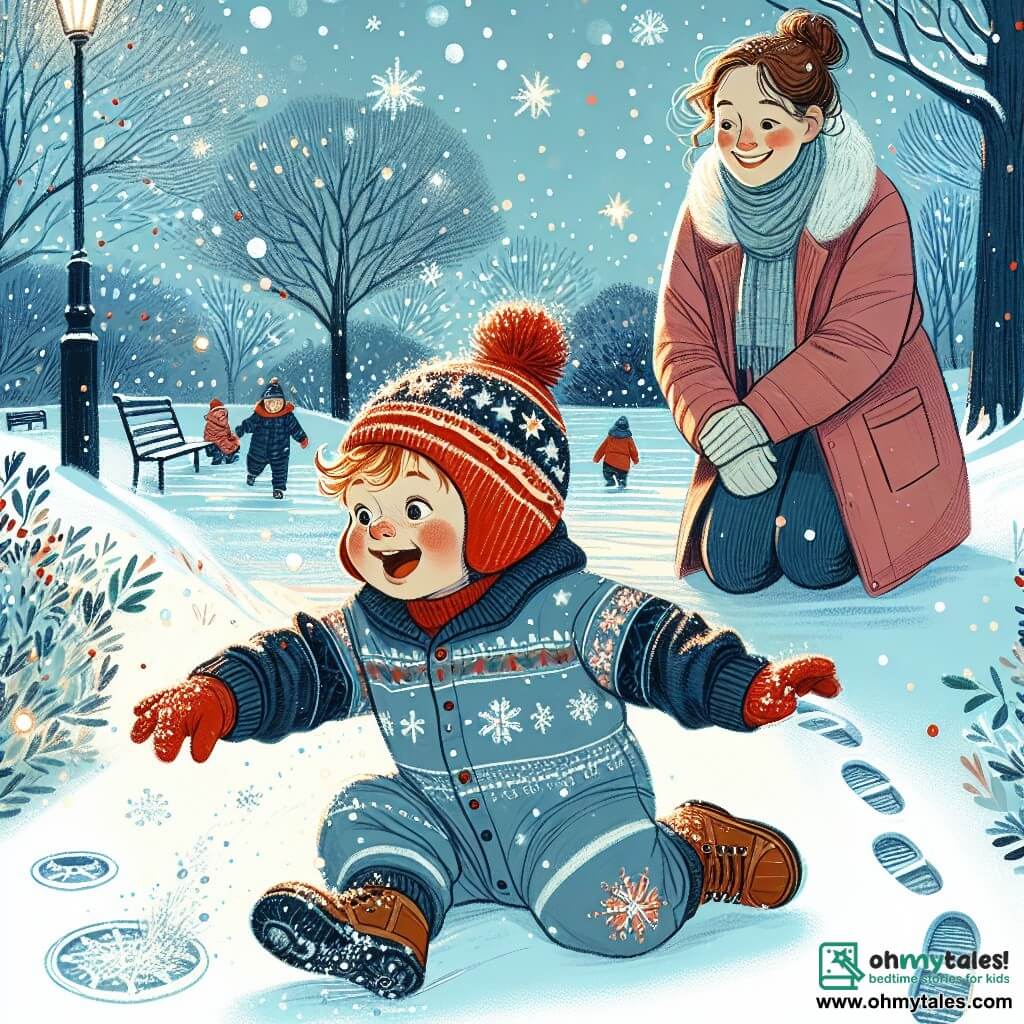 A one-year-old boy with rosy cheeks and messy blonde hair is sitting in the snow, laughing joyfully. He is wearing a blue winter suit with snowflake patterns and a red hat that gives him a mischievous look. Nearby, his mother, a woman in her thirties with brown hair in a bun and a warm pink coat, watches him with a tender smile, arms open for a hug. The setting is a winter park, with trees covered in sparkling snow, a light blue sky, and snowflakes gently falling. Footprints in the snow indicate that other children have played here. The main scene shows the little boy touching the snow in wonder while his mother lovingly encourages him, creating a warm and joyful atmosphere in the middle of winter.