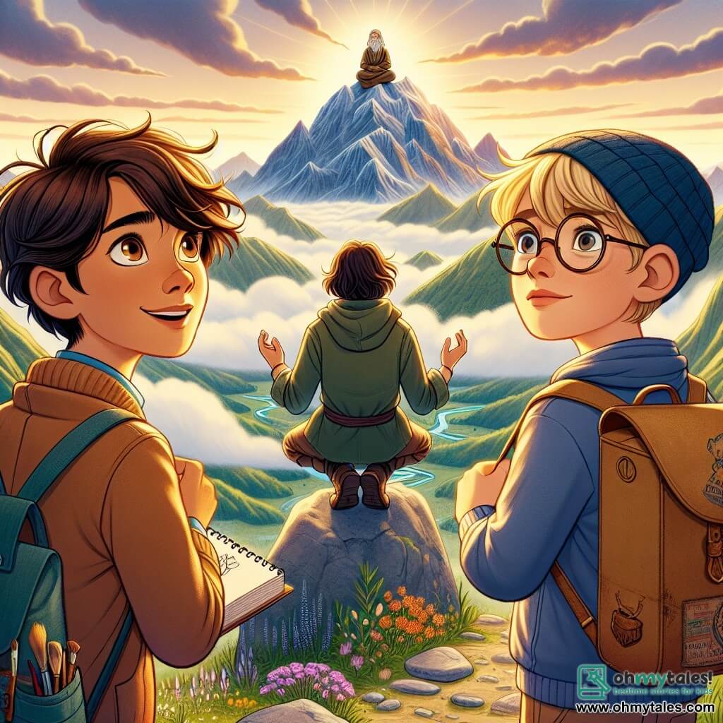 Two boys, Leo and Max, aged 11, stand at the top of a majestic mountain. Leo, with messy brown hair and sparkling curious eyes, gazes in wonder at the landscape below. Max, with blonde hair and round glasses, holds a sketchbook, ready to note their discoveries. In the background, the mountain is surrounded by soft, fluffy clouds, while the sky is painted with warm colors at sunset, creating a magical atmosphere. Below, a vast green landscape stretches out, dotted with vibrant flowers and sparkling rivers. The scene depicts Leo and Max discussing with a wise hermit, sitting in meditation on a rock, surrounded by golden light. Inspired by the sage's words, the boys realize the importance of listening and learning in their quest for wisdom.