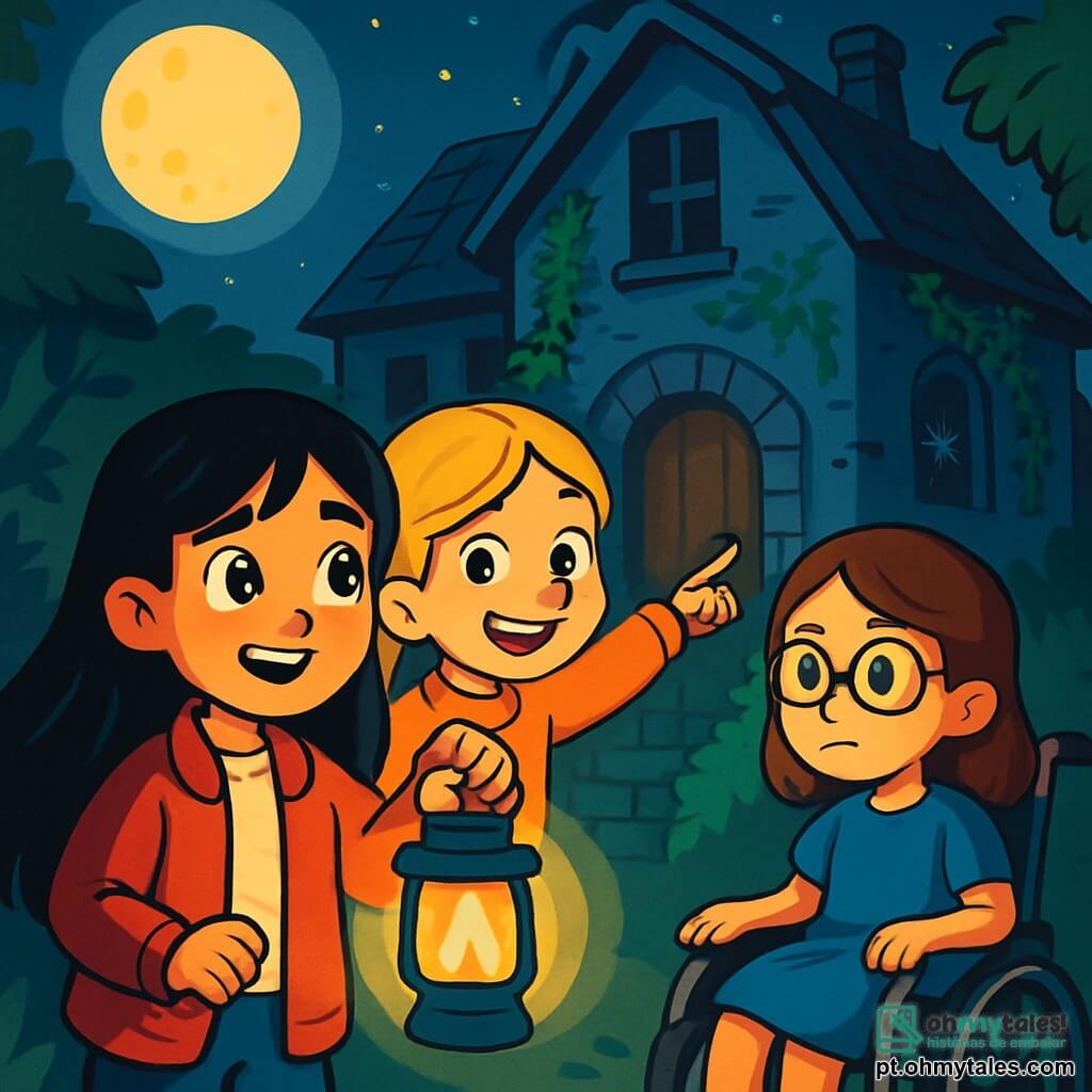 Há 3 personagens: - Luna: uma menina de 10 anos, com longos cabelos negros brilhantes e olhos cintilantes como estrelas. Ela usa uma jaqueta vermelha e segura uma lanterna que ilumina seu rosto curioso. - Rita: uma menina de 10 anos, com cabelos loiros trançados e um sorriso travesso. Ela veste um suéter laranja e está apontando para uma porta misteriosa, cheia de empolgação. - Sofia: uma menina de 10 anos, com cabelos castanhos e óculos redondos. Ela está sentada em sua cadeira de rodas, vestida com um vestido azul, e observa atentamente o velho casarão com uma expressão determinada. As três amigas estão diante de um velho casarão, um edifício abandonado coberto de hera e teias de aranha. A noite é escura, com uma lua brilhante que ilumina fracamente os contornos do edifício. Sombras dançam nas paredes, criando uma atmosfera misteriosa e intrigante. A cena principal mostra as meninas prontas para entrar no casarão, seus rostos iluminados pela lanterna de Luna, enquanto uma brisa leve faz as folhas das árvores ao redor tremularem. O ar está carregado de suspense, e uma porta rangente parece convidá-las a descobrir os segredos escondidos dentro.
