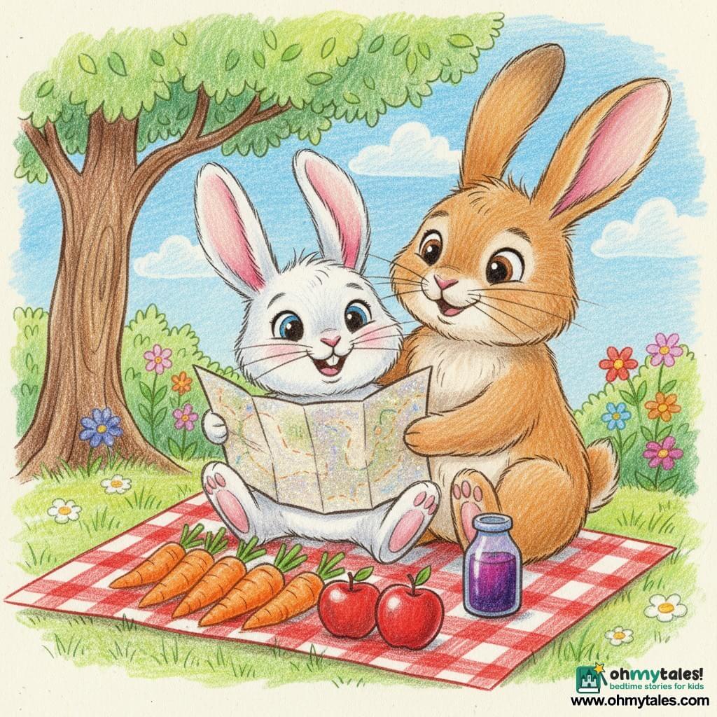 A small fluffy white rabbit with pink ears and bright round eyes smiles while holding a glittery card, sitting on a red-and-white check blanket; a large warm brown father rabbit with slightly gray whiskers stands behind, hugging him and looking at the card with tender surprise. On the blanket are bright orange carrots, shiny red apples and a small dark purple berry juice bottle. The background shows a leafy tree with a cracked trunk, colorful wildflowers and a pale blue sky with fluffy clouds, drawn with soft pencil strokes—bright, with visible pencil texture, saturated colors and slightly sketchy outlines, conveying warmth, tenderness and a simple Father’s Day celebration.