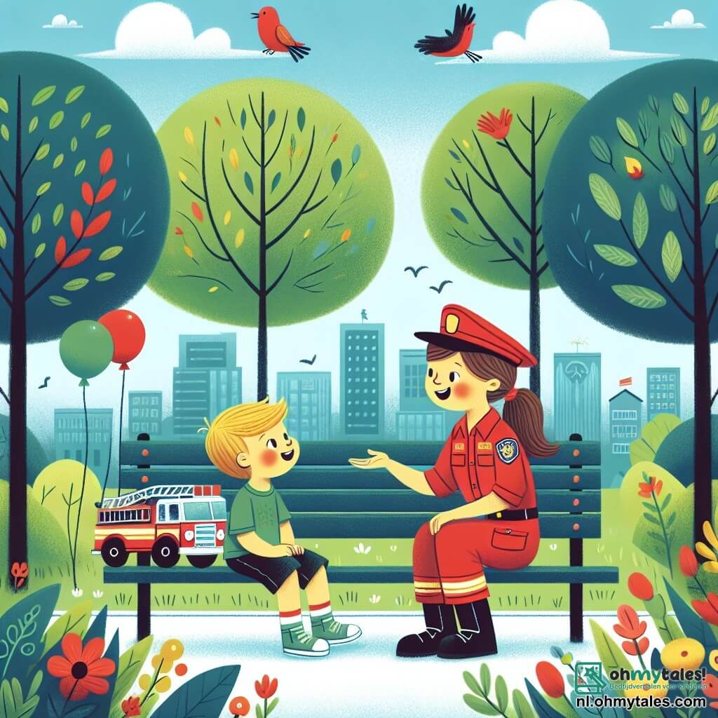 Een brandweervrouw, Lisa, zit op een bank in een zonnig park. Ze heeft bruin haar in een paardenstaart en draagt een rood uniform met een pet. Haar gezicht straalt vreugde en trots uit terwijl ze een klein brandweerauto in haar handen houdt en haar verhaal deelt met een warme glimlach. Naast haar staat een jongen genaamd Tim, ongeveer 7 jaar oud, met een grote rode ballon in zijn hand. Hij heeft tousled blond haar en draagt een blauwe t-shirt met een korte broek. Zijn uitdrukking is verwonderd, met glanzende ogen van opwinding terwijl hij aandachtig naar Lisa luistert. De locatie is een groen park met grote bomen, kleurrijke bloemen en een heldere blauwe lucht met enkele witte wolken. Vogels zingen in de takken, wat een vredige sfeer aan de scène toevoegt. De hoofdsetting toont Lisa die haar werk als brandweerman uitlegt aan Tim, die gefascineerd is door haar verhalen over avonturen en moed. Samen delen ze een moment van leren en dromen, omringd door de schoonheid van de natuur.