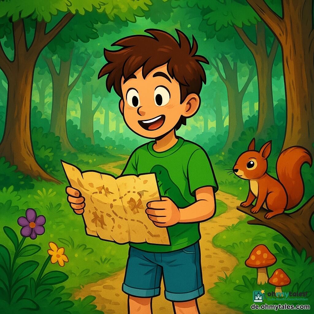 Ein 12-jähriger Junge namens Lukas steht am Rand eines Waldwegs, sein Gesicht strahlt vor Aufregung und Neugier. Er hat zerzauste braune Haare, lebhafte Augen und trägt ein leuchtend grünes T-Shirt mit einem Dinosaurier-Motiv sowie Jeansshorts. In seiner Hand hält er eine leicht zerknitterte alte Schatzkarte, die er aufmerksam betrachtet. Neben ihm nähert sich ein kleiner, neugieriger Eichhörnchen mit leuchtenden Augen und rötlichem Fell, das auf einem niedrigen Ast sitzt und bereit ist, bei der kleinsten Gefahr zu fliehen. Der Ort ist ein großer, geheimnisvoller Wald mit majestätischen Bäumen, leuchtend grünen Blättern und Sonnenstrahlen, die durch das Blätterdach filtern und Lichtmuster auf den moosbedeckten Boden werfen. Bunte Blumen und seltsame Pilze schmücken den Unterholz und verleihen der Umgebung einen Hauch von Magie. Lukas steht vor einer Weggabelung, zögert zwischen drei Richtungen, sein Herz schlägt schnell, während er sich fragt, welcher Weg ihn zum versteckten Schatz führen wird.