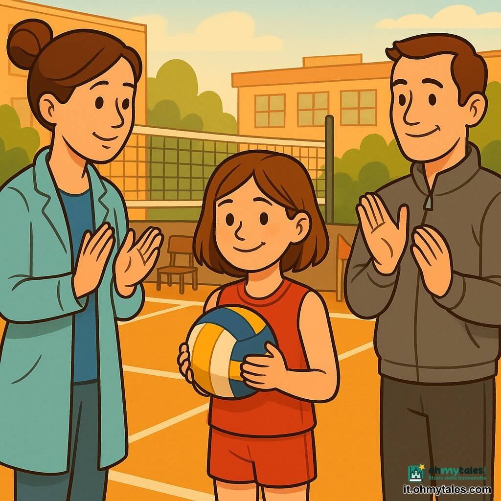 Ci sono tre personaggi: una bambina di circa 11–12 anni con capelli castano chiaro, medi e pratici, in maglia rossa e short che tiene un pallone da volley vicino al petto e sorride timidamente al centro, leggermente avanti; una donna (madre) di 35–40 anni con capelli castani raccolti in uno chignon, cappotto azzurro, volto dolce che applaude a sinistra; un uomo (padre) di 35–40 anni con capelli corti castani e giacca sportiva grigia, postura eretta, che applaude con orgoglio a destra; luogo: piccolo campo da volley all'aperto vicino a una scuola con rete, gradinata bassa e bandiera di squadra, luce calda di fine pomeriggio; situazione: la bambina ha appena effettuato un servizio e si trova al centro tra i due genitori che applaudono separati ma simultaneamente, atmosfera positiva e distacco rispettoso tra i genitori.